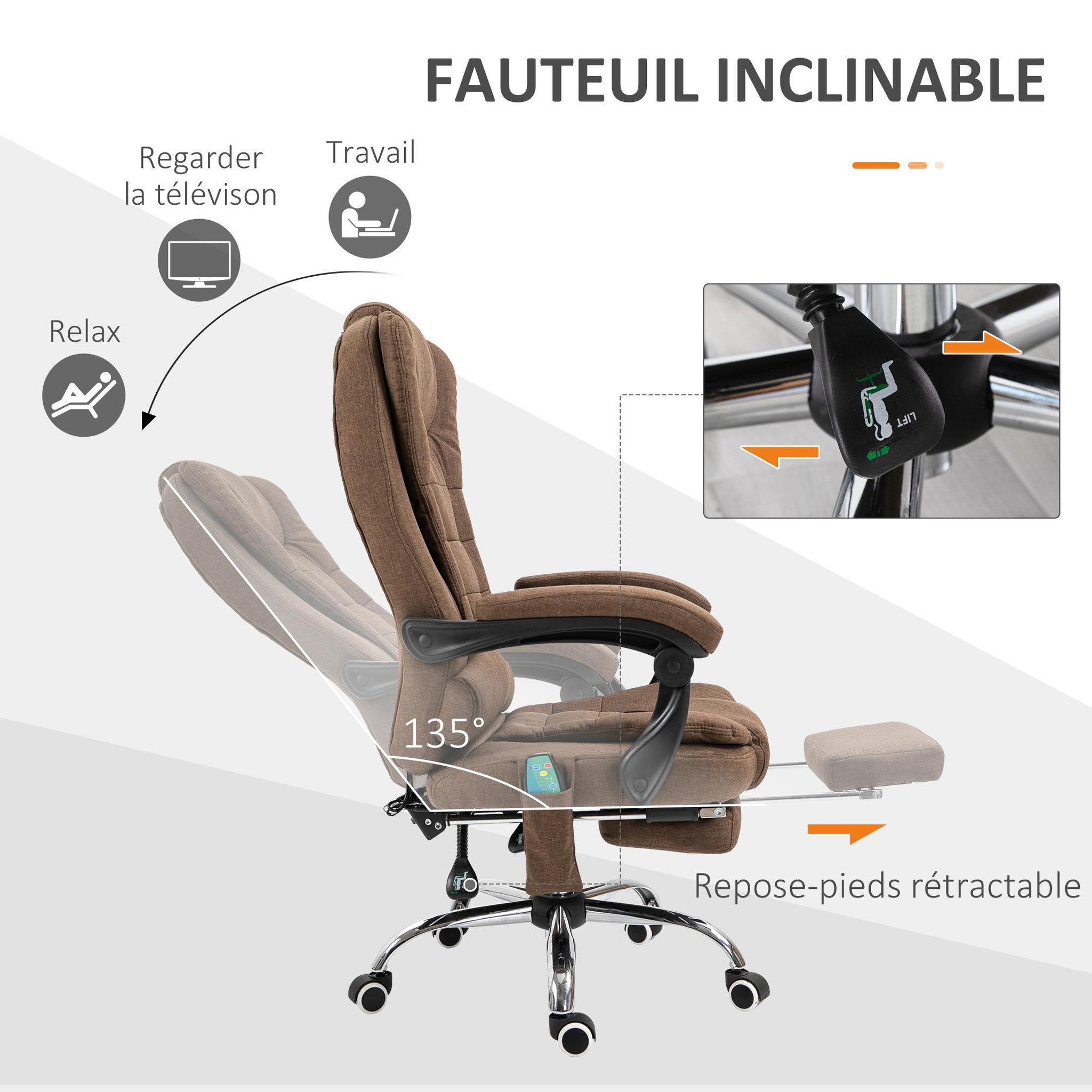 Voir la diapositive 5 : VINSETTO Fauteuil de bureau direction massant chauffant hauteur réglable dossier inclinable tissu marron