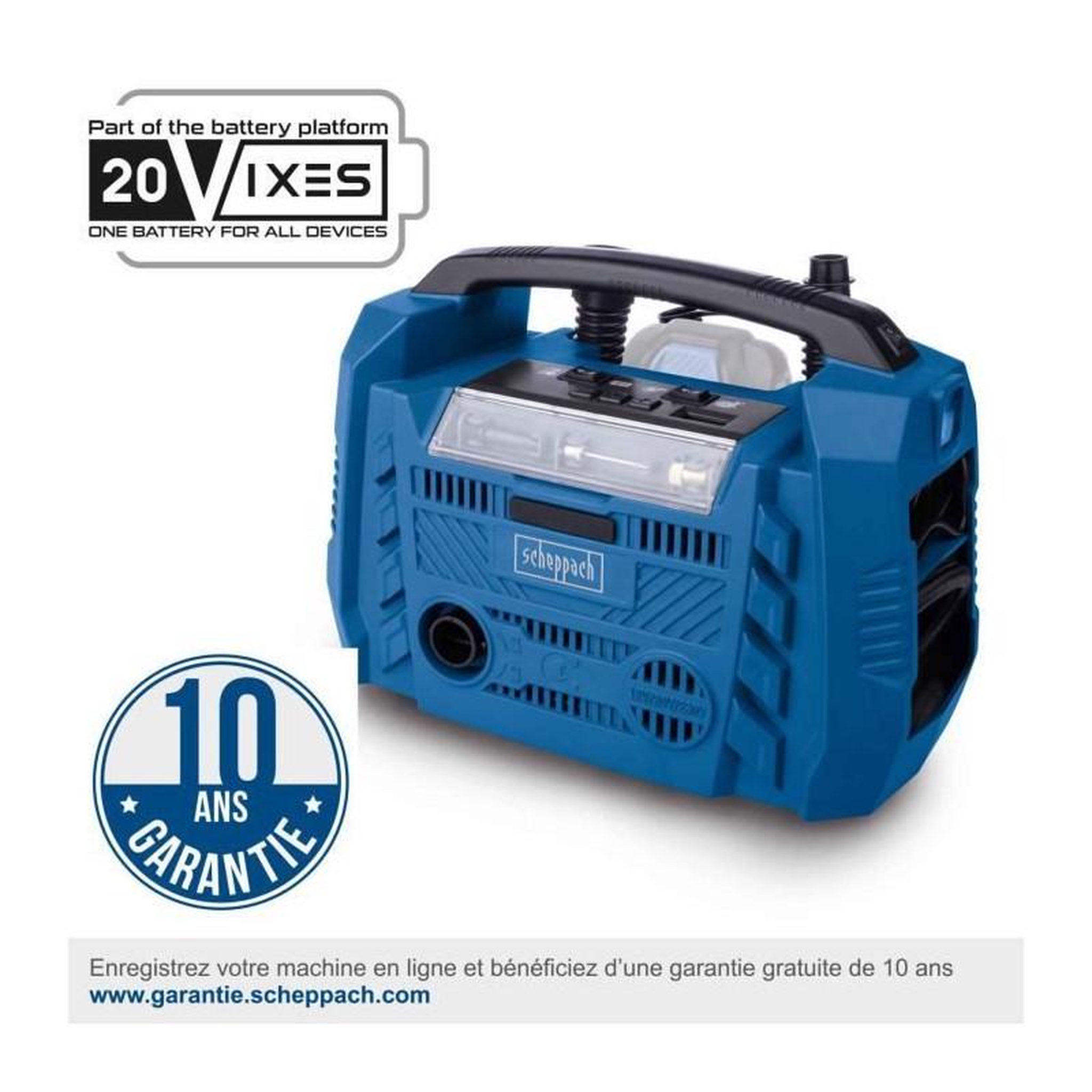 Voir la diapositive 2 : SCHEPPACH Compresseur electrique hybride SCHEPPACH 20V IXES 10 bars - Alim : bat/secteur/allume cigare - sans bat ni chargeur - Airforce 6
