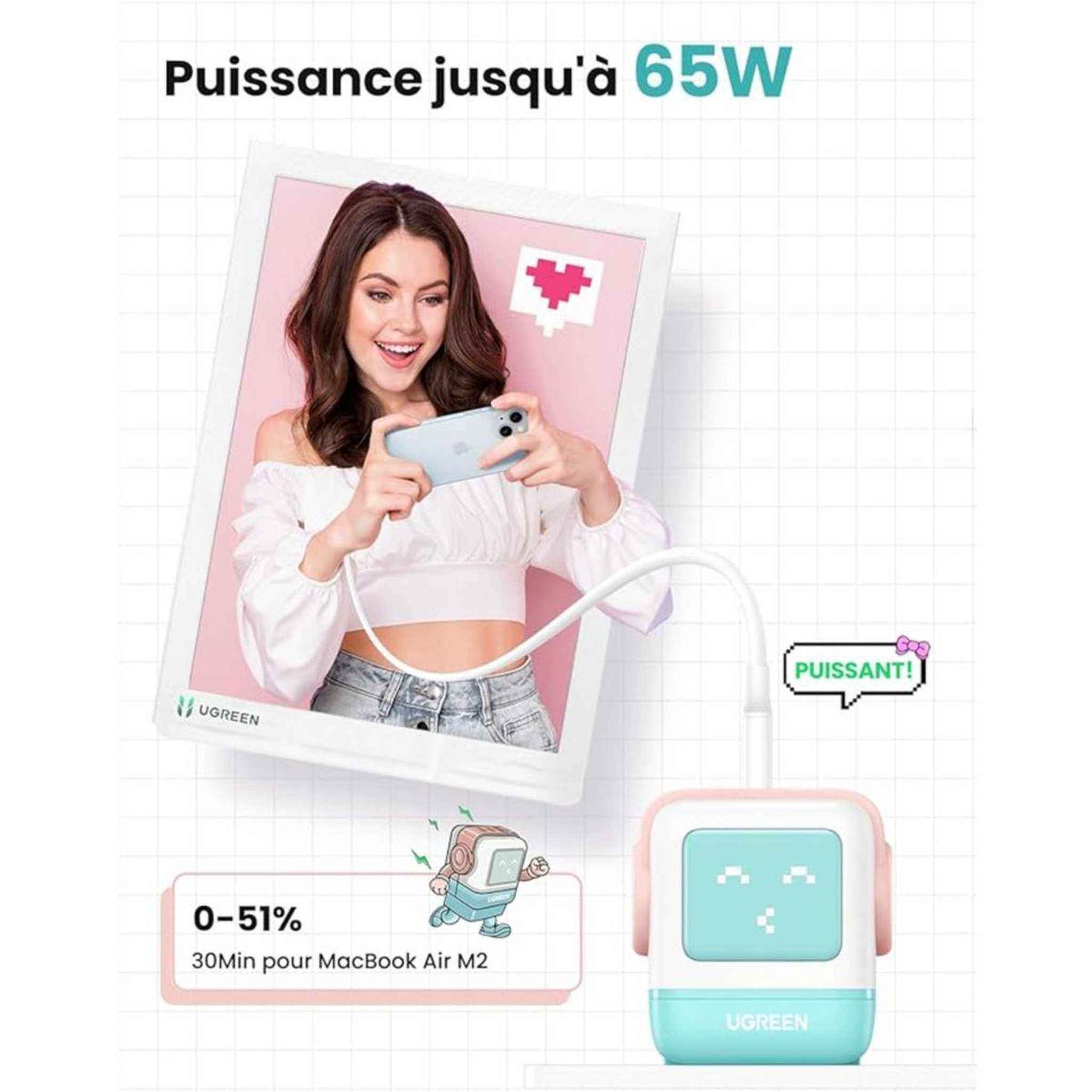 Voir la diapositive 3 : UGREEN Chargeur Robot 3ports USBC/USBA 65W Turquoise