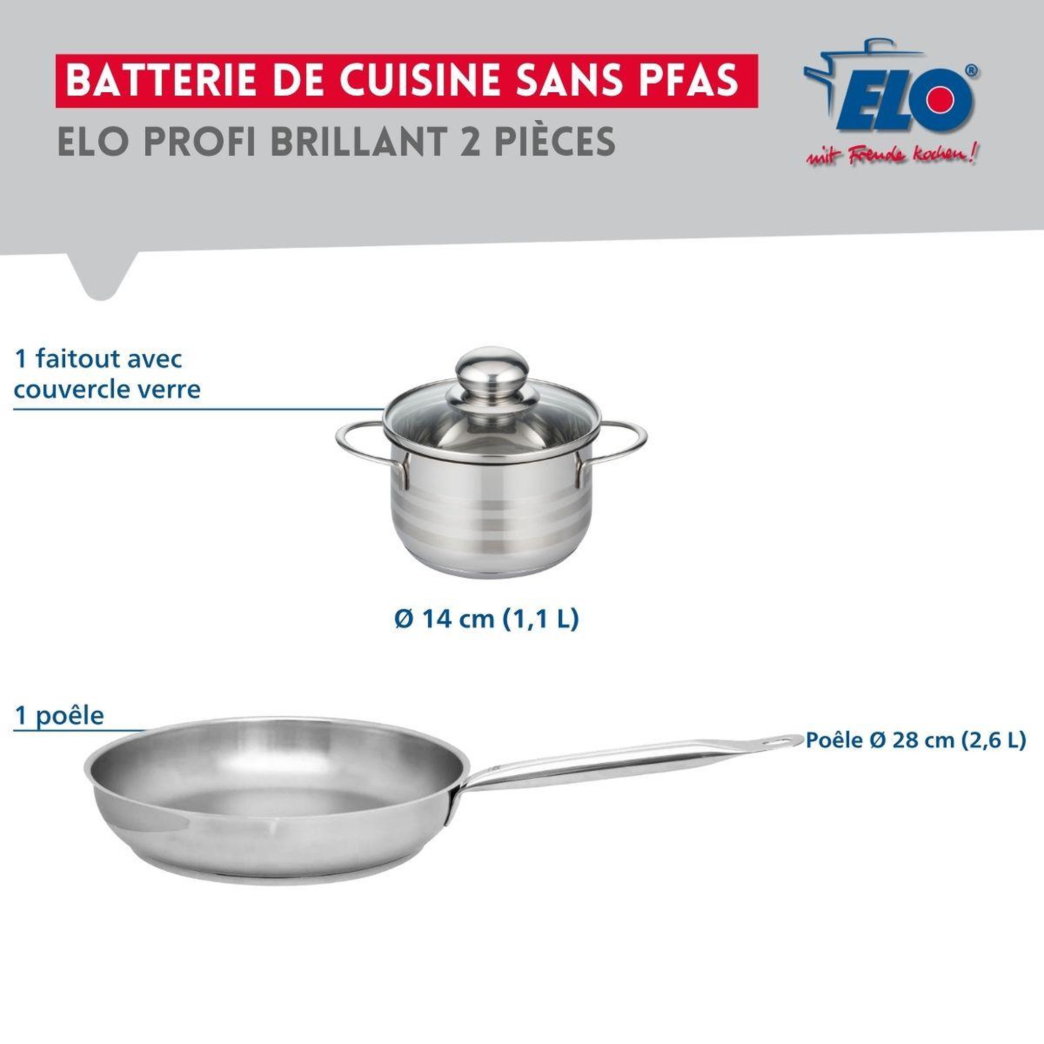 Voir la diapositive 2 : ELO Ensemble de 1 poêle de cuisson 28 cm et 1 faitout 14 cm elo profi brillant