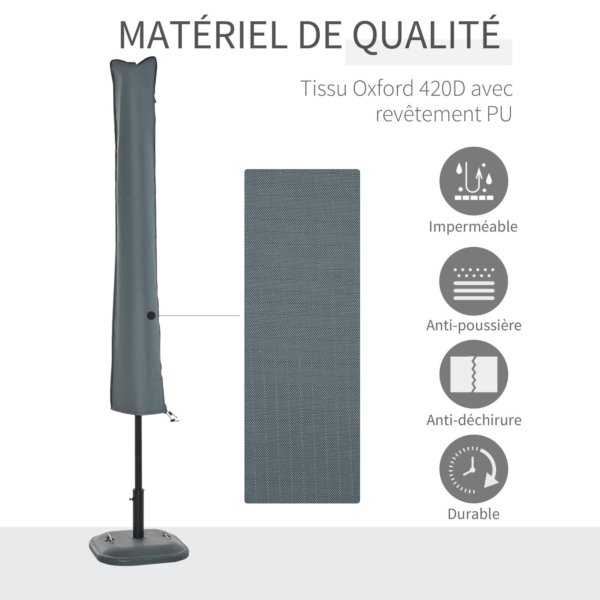 Voir la diapositive 5 : OUTSUNNY Housse de protection imperméable pour parasol droit avec fermeture éclair et cordon de serrage gris