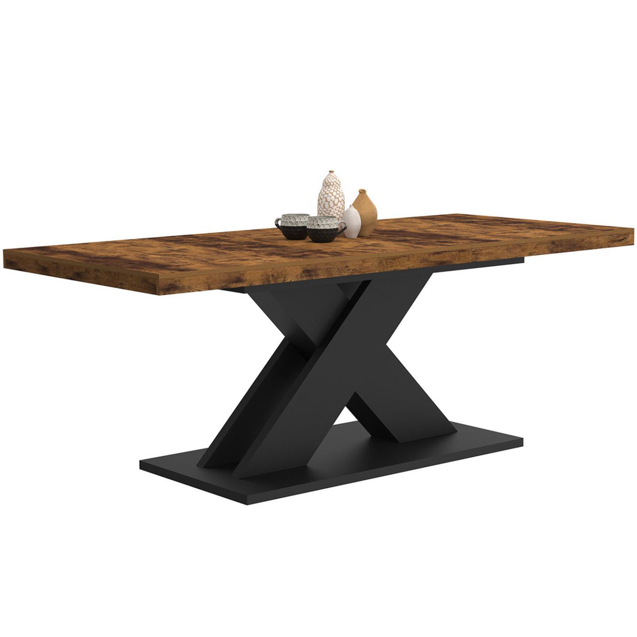 ID MARKET Table à manger extensible rectangle alicia 6-10 personnes plateau bois foncé hawkins et pied x noir 160-200 cm
