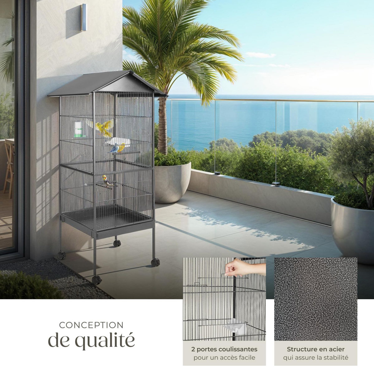 tectake Cage à oiseaux en finition martelée gris anthracite