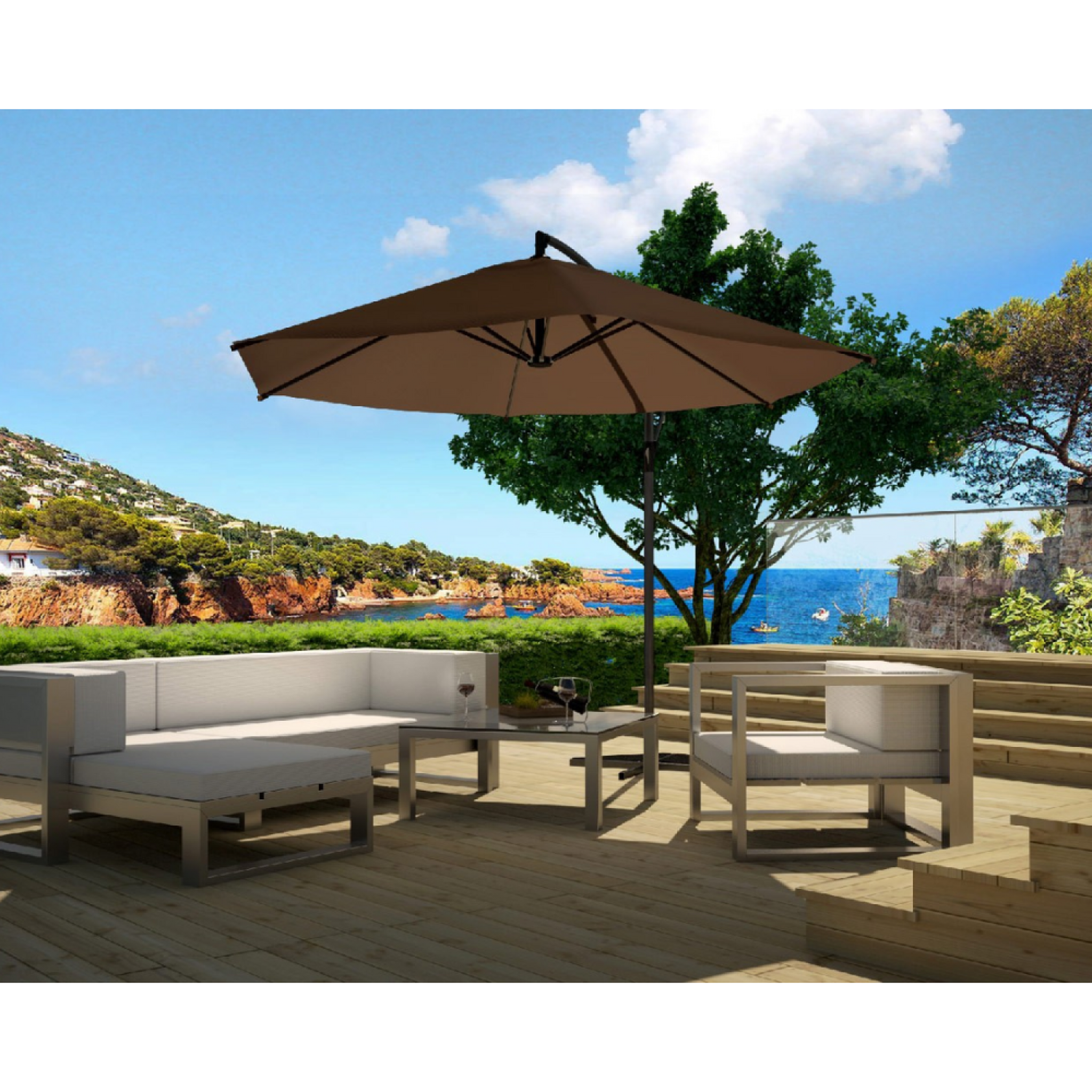 Voir la diapositive 2 : CONCEPT USINE Parasol marron déporté rond 3 x 3 m porticcio