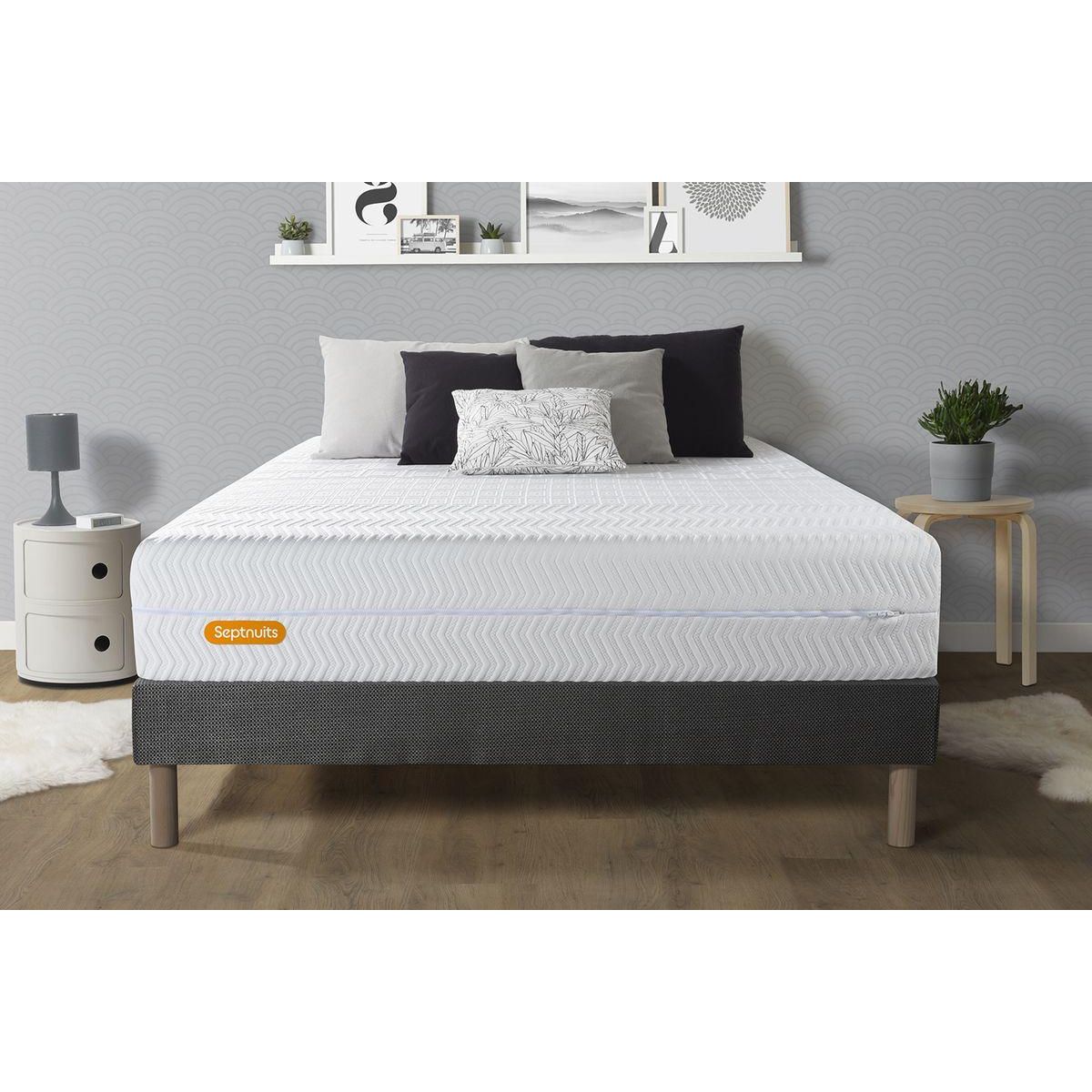 SEPTNUITS Matelas + sommier gris Memo Bio Mousse à mémoire de forme 5 zones de confort Maxi épaisseur Déhoussable