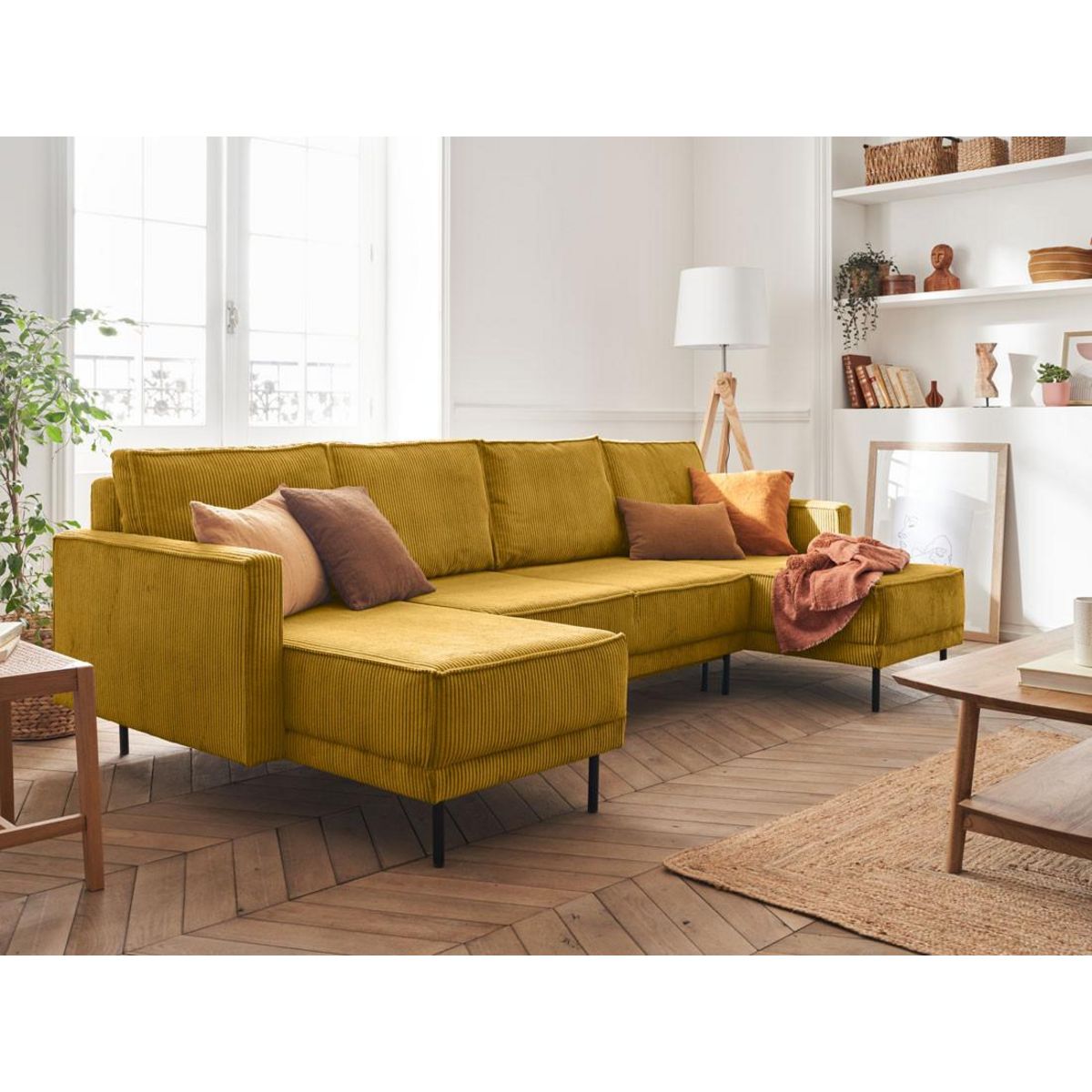 LISA DESIGN Charlie - canapé panoramique en u - 7 places - convertible avec coffre - en velours côtelé