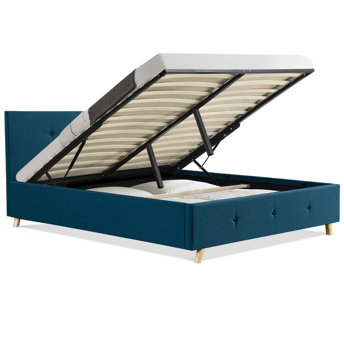 ID MARKET Lit coffre double scandinave LULEA avec tête de lit et sommier 140 x 190 cm tissu bleu canard