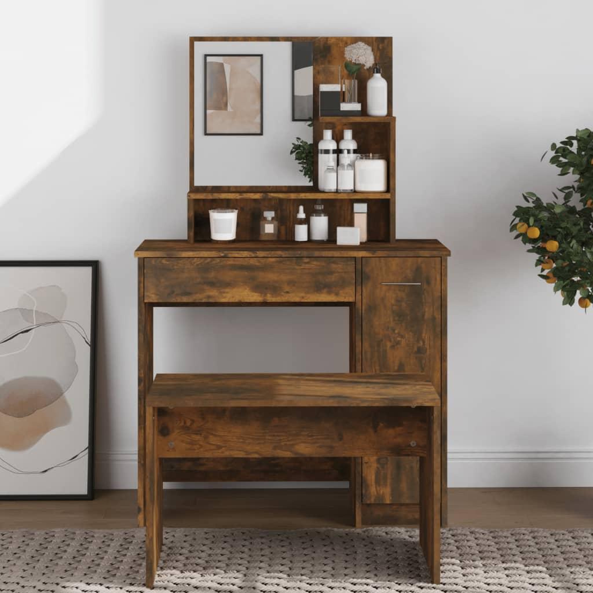 VIDAXL Coiffeuse avec miroir Chene fume 86,5x35x136 cm