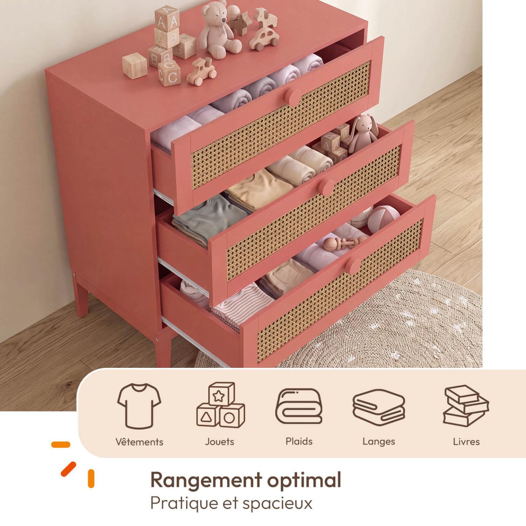 Voir la diapositive 3 : ID MARKET Commode 3 tiroirs adelie 80 cm enfant cannage et vieux rose