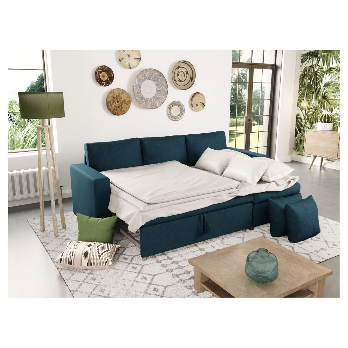 Canapé d'angle réversible convertible avec coffre en tissu ou velours GERALDINE 