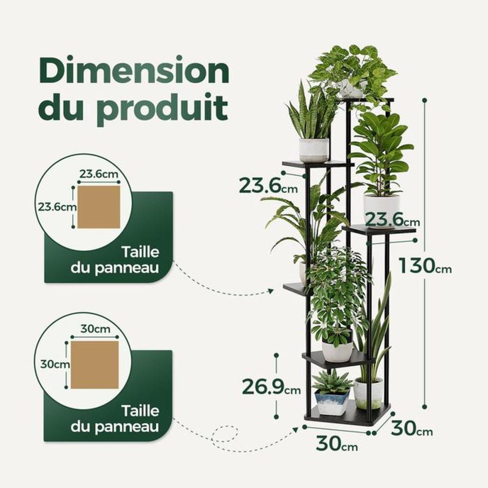 Voir la diapositive 4 : Support plante à 6 niveaux 130 cm noir métal et bois, présentoir intérieur extérieur