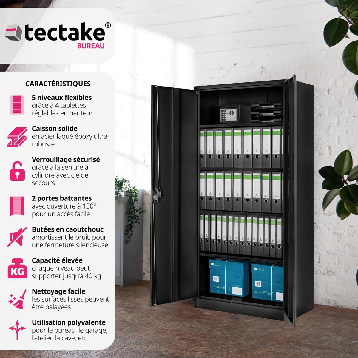 tectake Armoire de classement en acier lâqué époxy noir