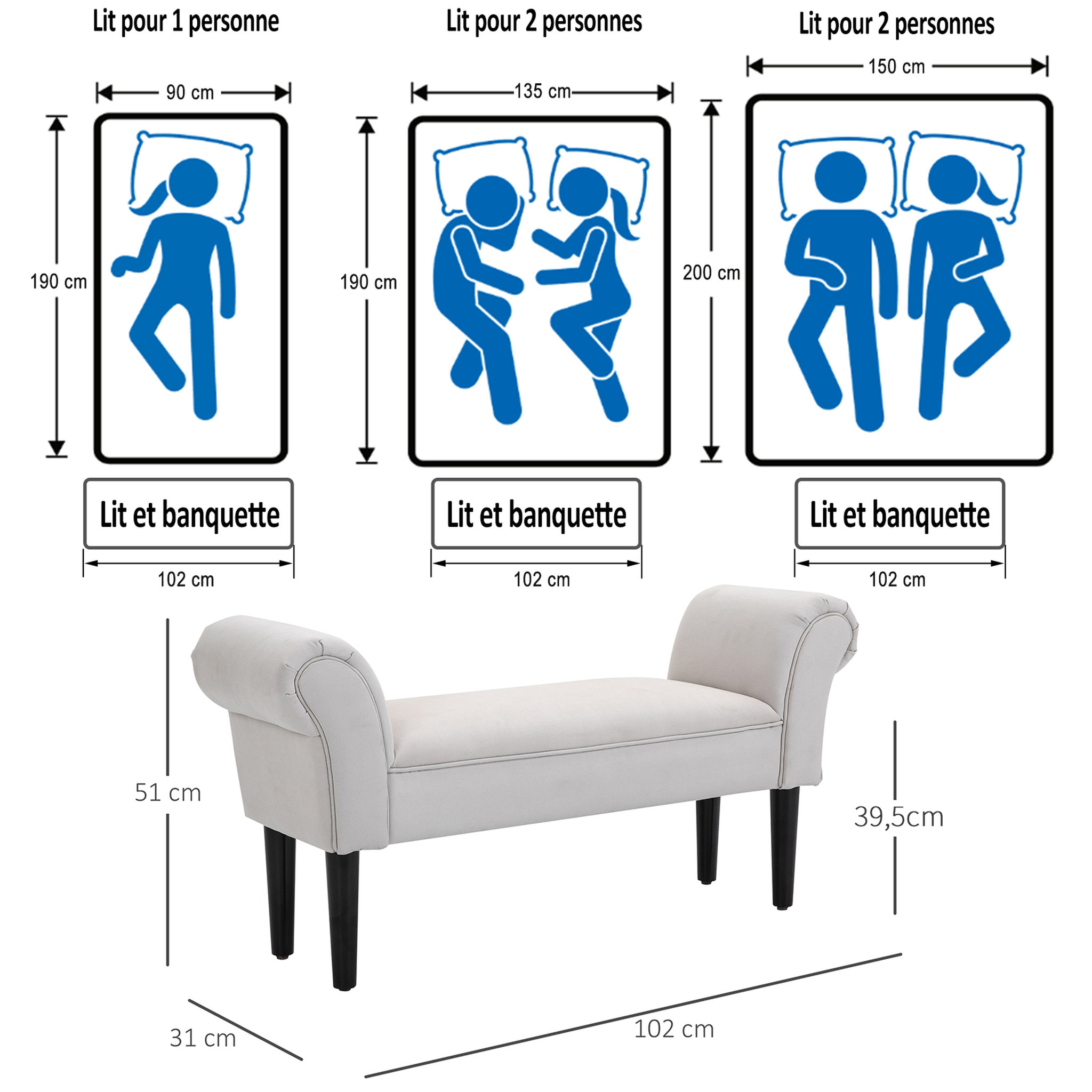 Voir la diapositive 3 : HOMCOM Banc banquette design contemporain accoudoirs courbés grand confort 102L x 31l x 51H cm gris clair