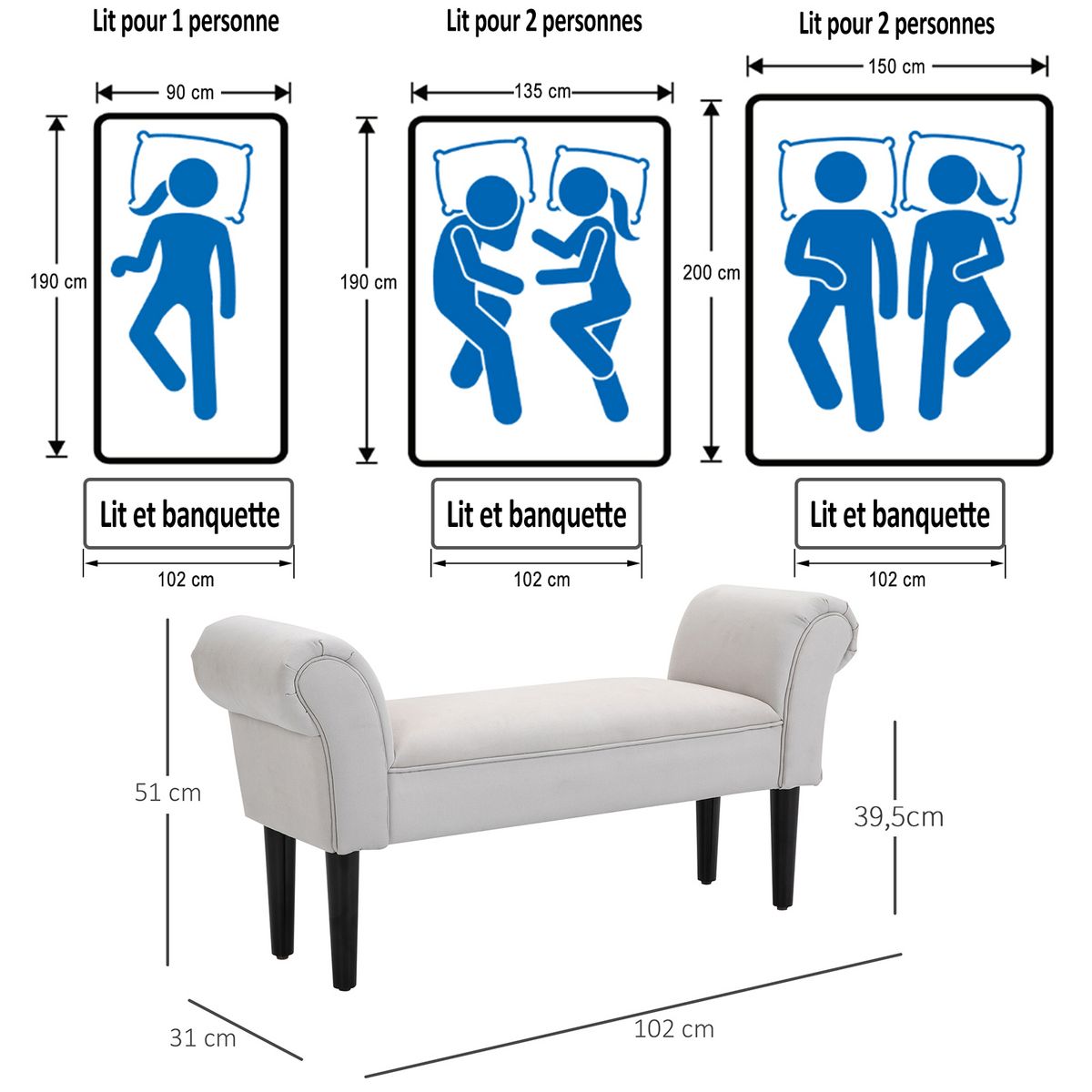 HOMCOM Banc banquette design contemporain accoudoirs courbés grand confort 102L x 31l x 51H cm gris clair