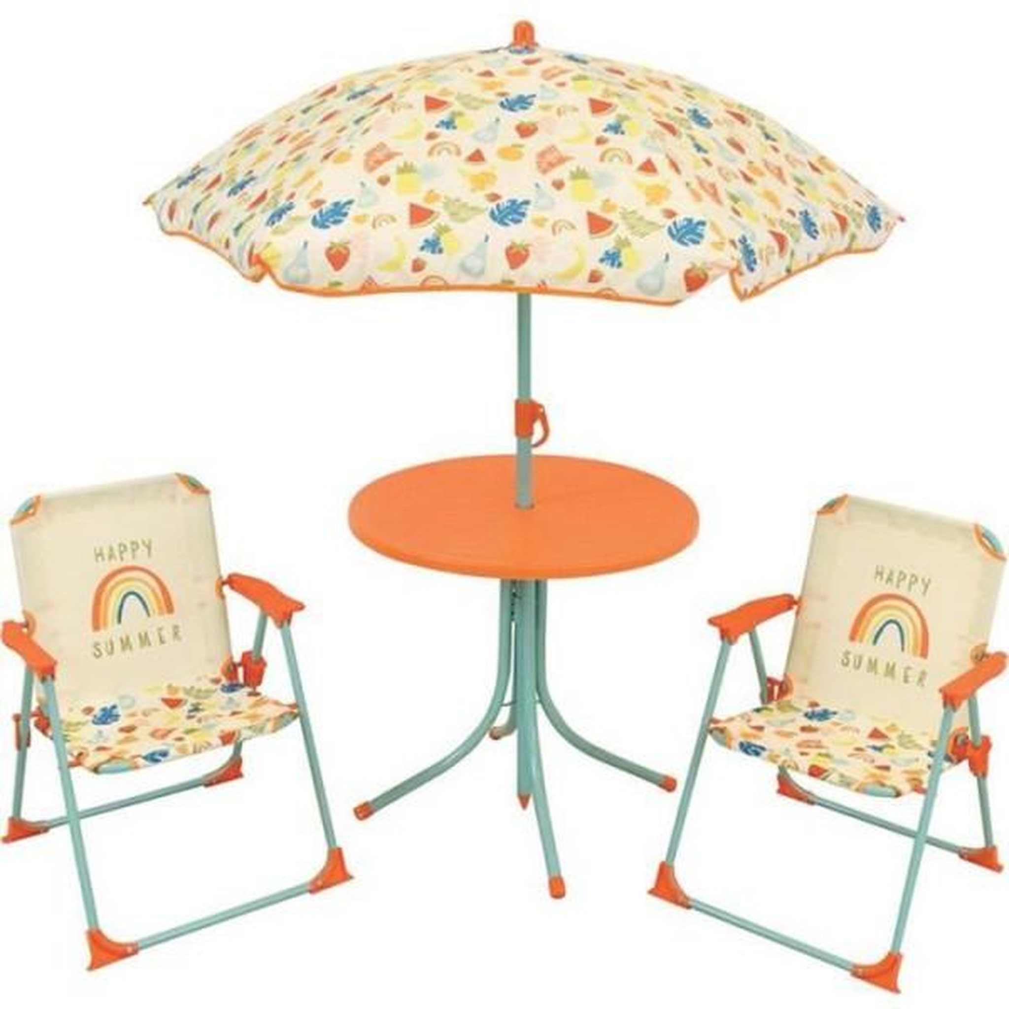 Fun House Fun house fruity's salon de jardin - 1 table h.46 x ø46 cm, 2 chaises h.53xl.38,5xp.37,5 cm et 1 parasol h.125 x ø100 cm