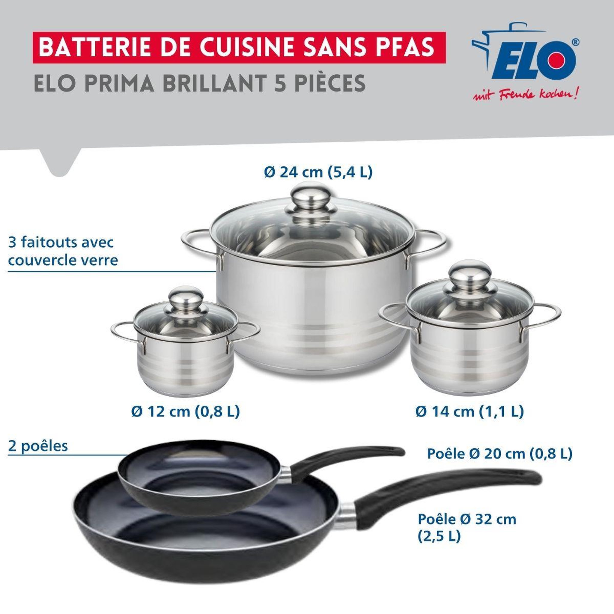 Voir la diapositive 2 : ELO Ensemble de 2 poêles de cuisson 20 et 32 cm et 3 faitouts 12, 14 et 24 cm elo prima brillant