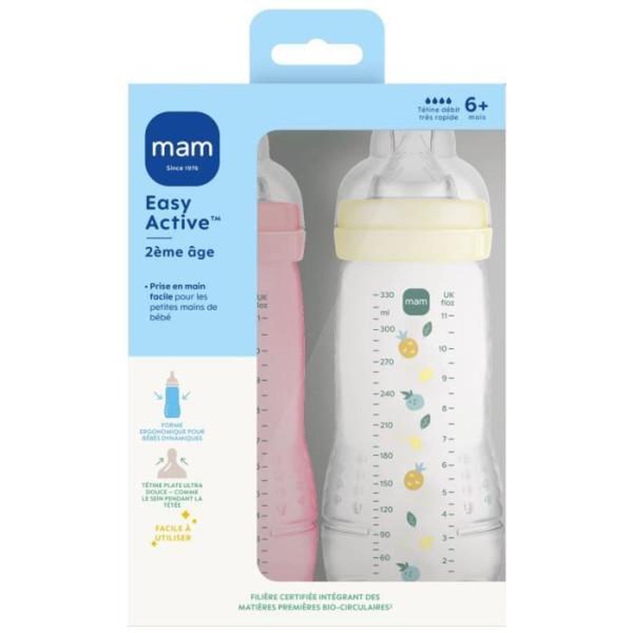 Voir la diapositive 3 : MAM Lot de 2 biberons - mam baby - easy active - +6 mois - 330 ml - tétine débit x - berry + pearl