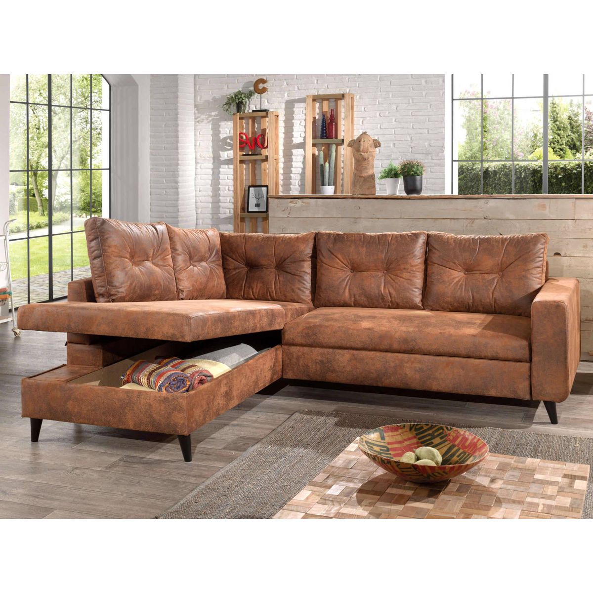 BEST MOBILIER Nordic - canapé d'angle l - 5 places - convertible - industriel vintage - gauche