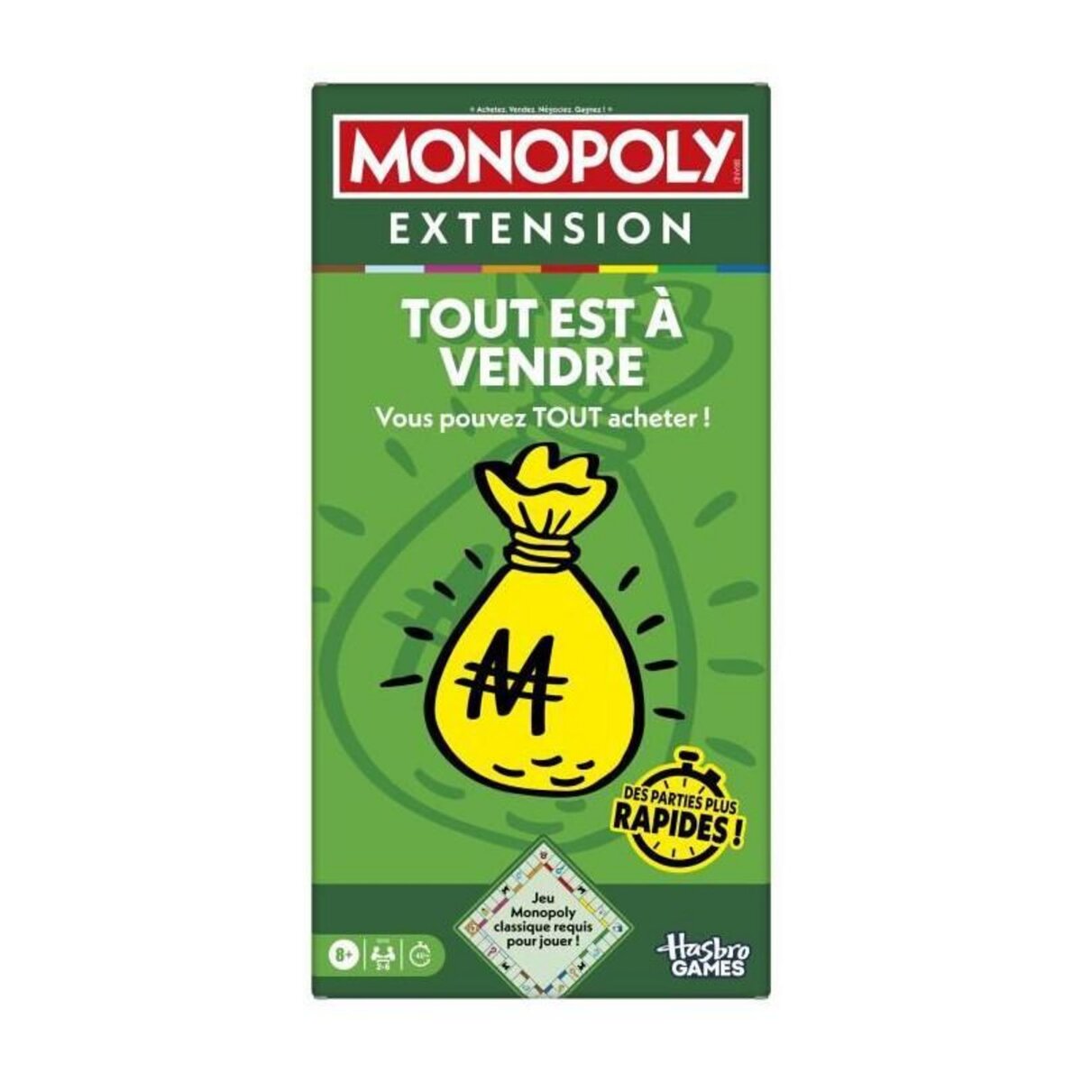 MONOPOLY Monopoly Extension Tout est a vendre, rend le jeu Monopoly classique plus amusant et plus rapide, jeux de plateau, 2 a 6 joueur