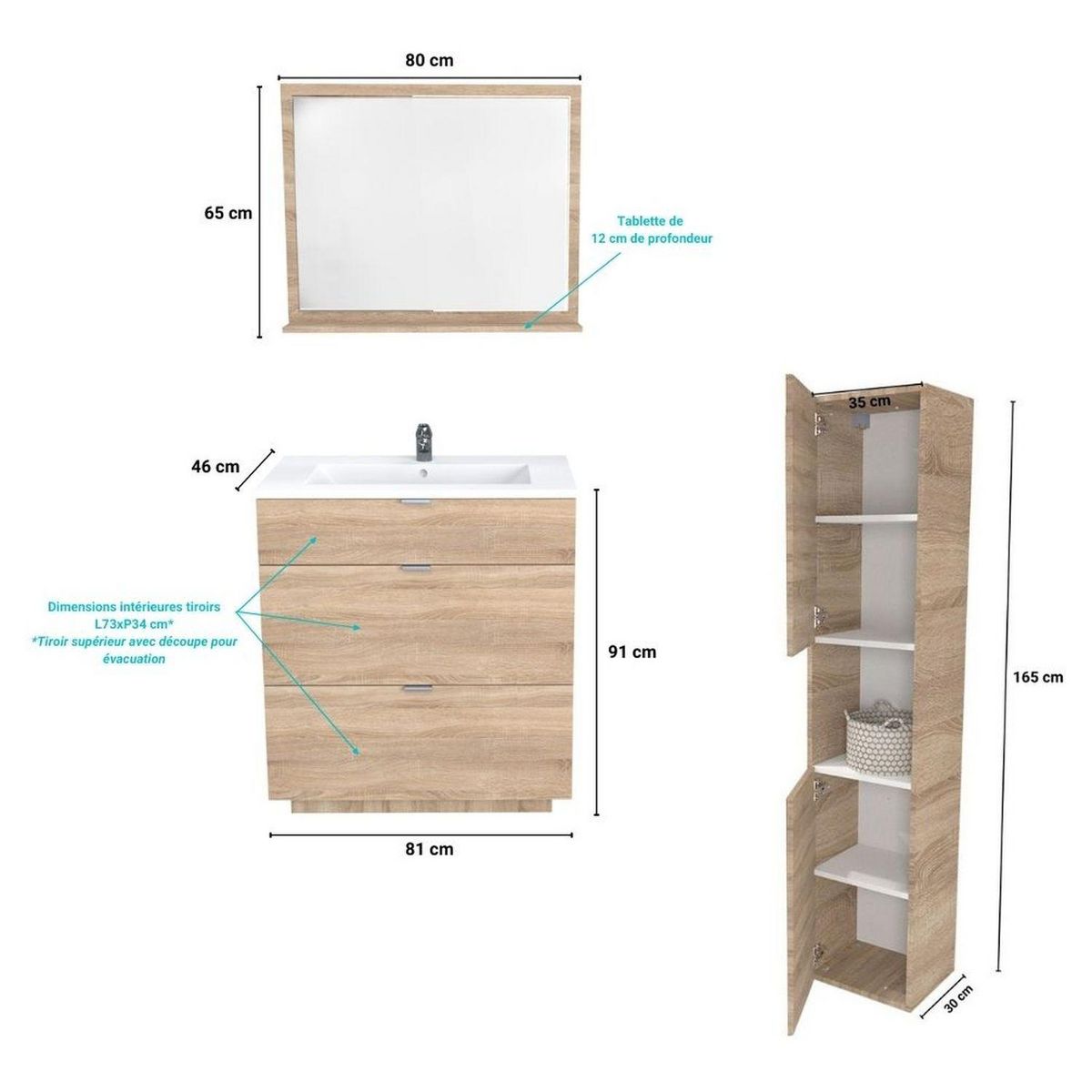 Meuble de salle de bain sous vasque 3 tiroirs + vasque L80cm FARO