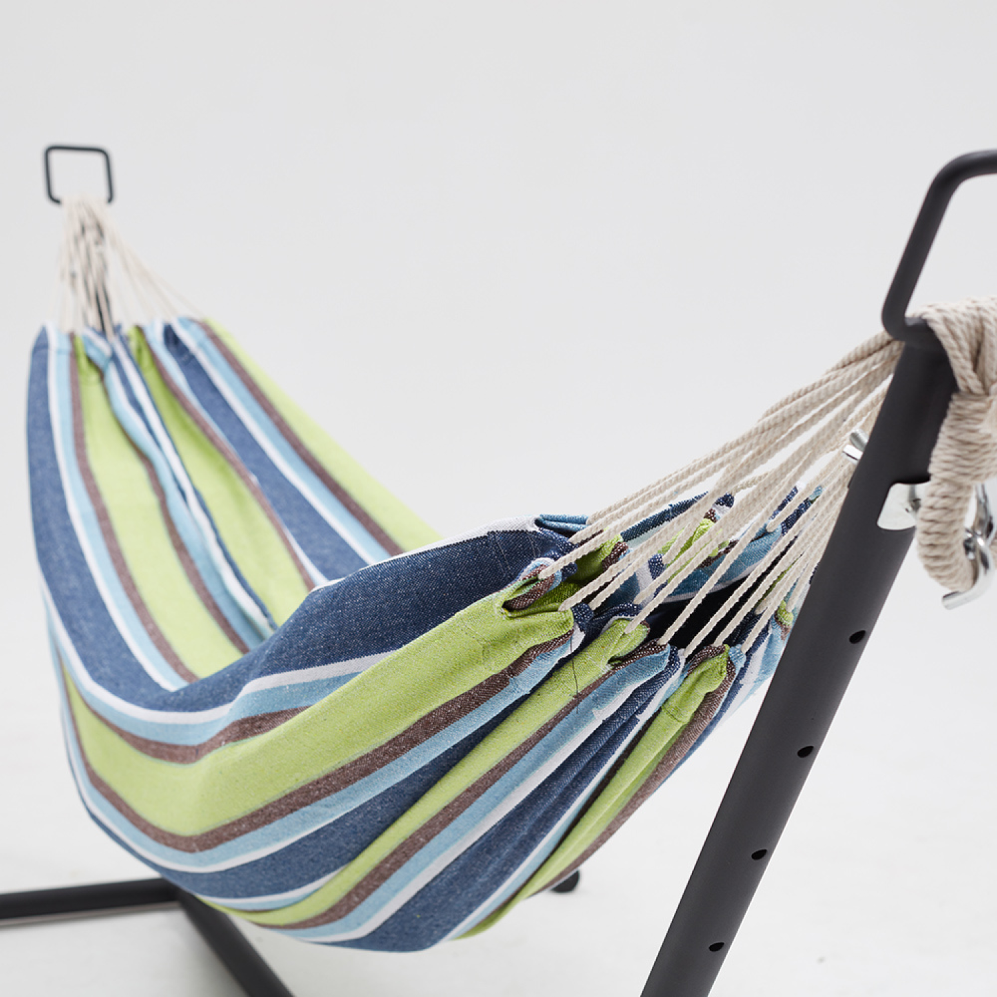 Voir la diapositive 4 : CONCEPT USINE Hamac sur pied 26 m avec toile en polyester bleu et vert copacabana