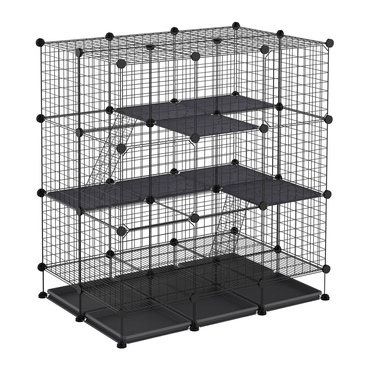 PAWHUT Cage parc enclos rongeurs modulable dim. L 111 x l 75 x H 119 cm 3 niveaux 4 portes fil métallique noir