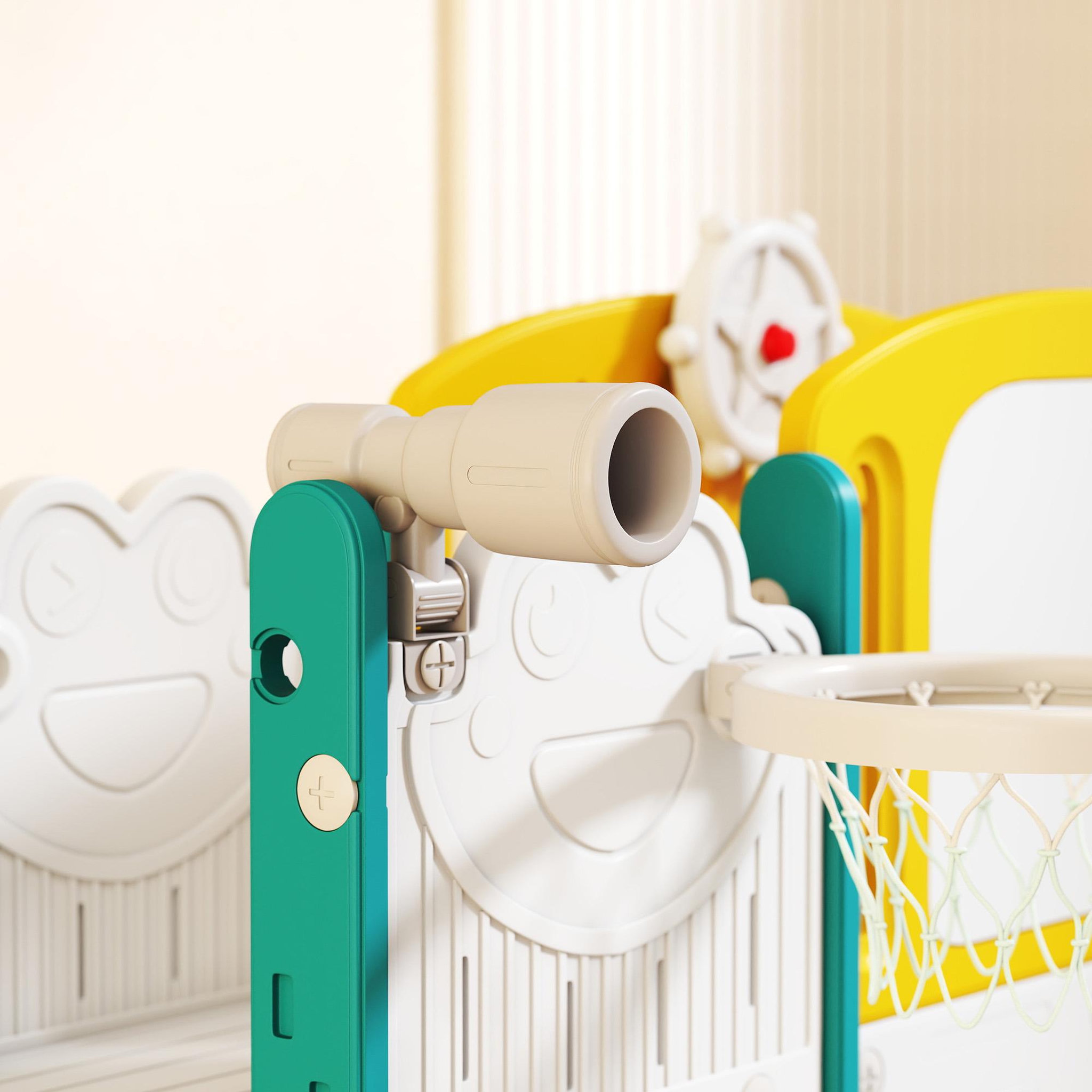 Voir la diapositive 4 : HOMCOM Portique aire de jeu enfant 7 en 1 HDPE blanc jaune vert