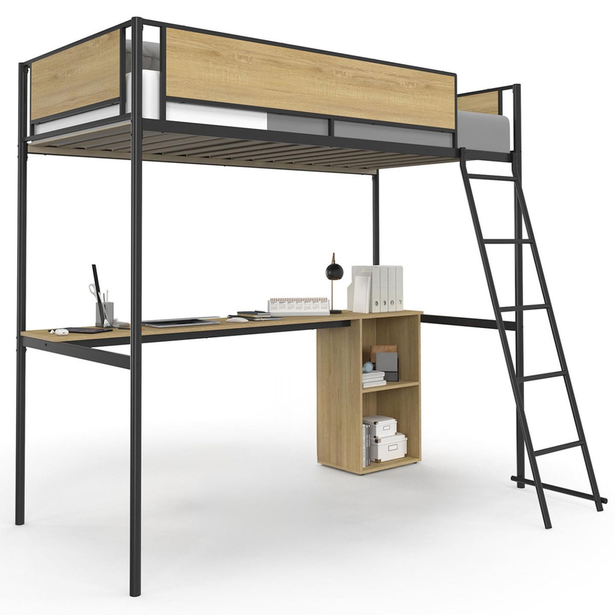 ID MARKET Lit mezzanine simple DETROIT avec bureau et rangements 90 x 190 cm design industriel