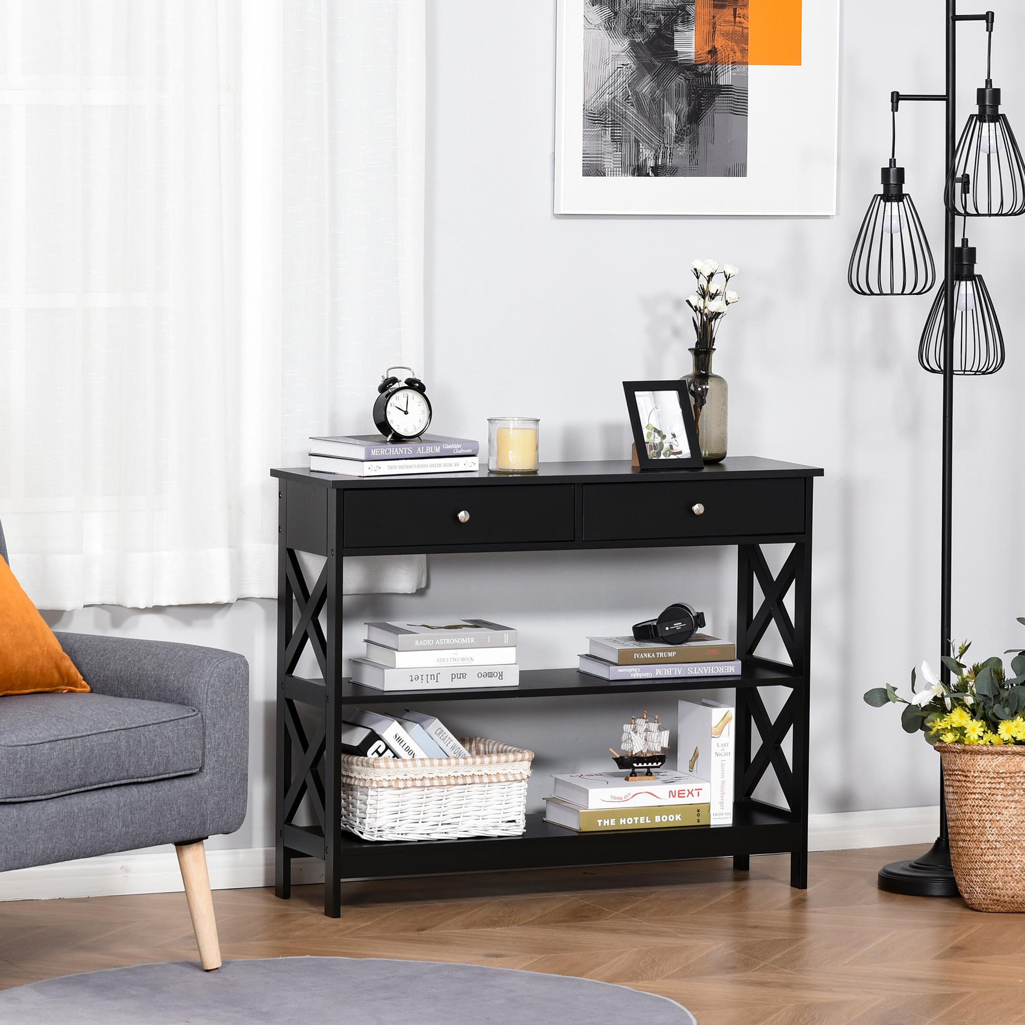 Voir la diapositive 2 : HOMCOM Console style table de drapier néo-rétro 2 tiroirs 2 étagères dim. 100L x 30l x 80H cm MDF noir