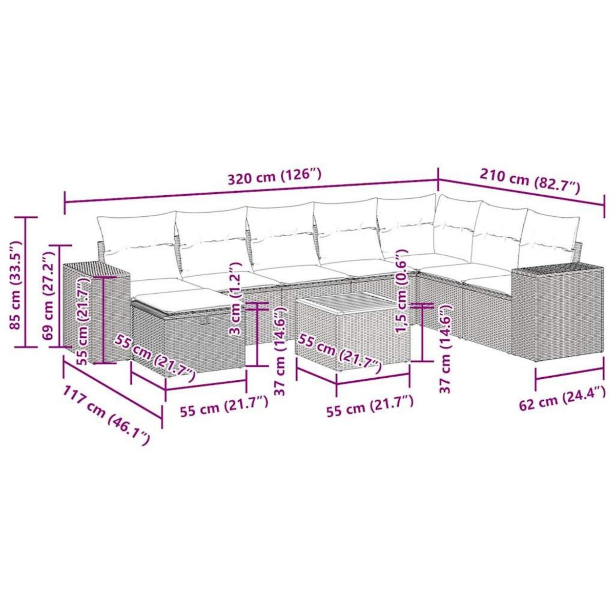 VIDAXL Salon de jardin 9 pcs avec coussins noir resine tressee