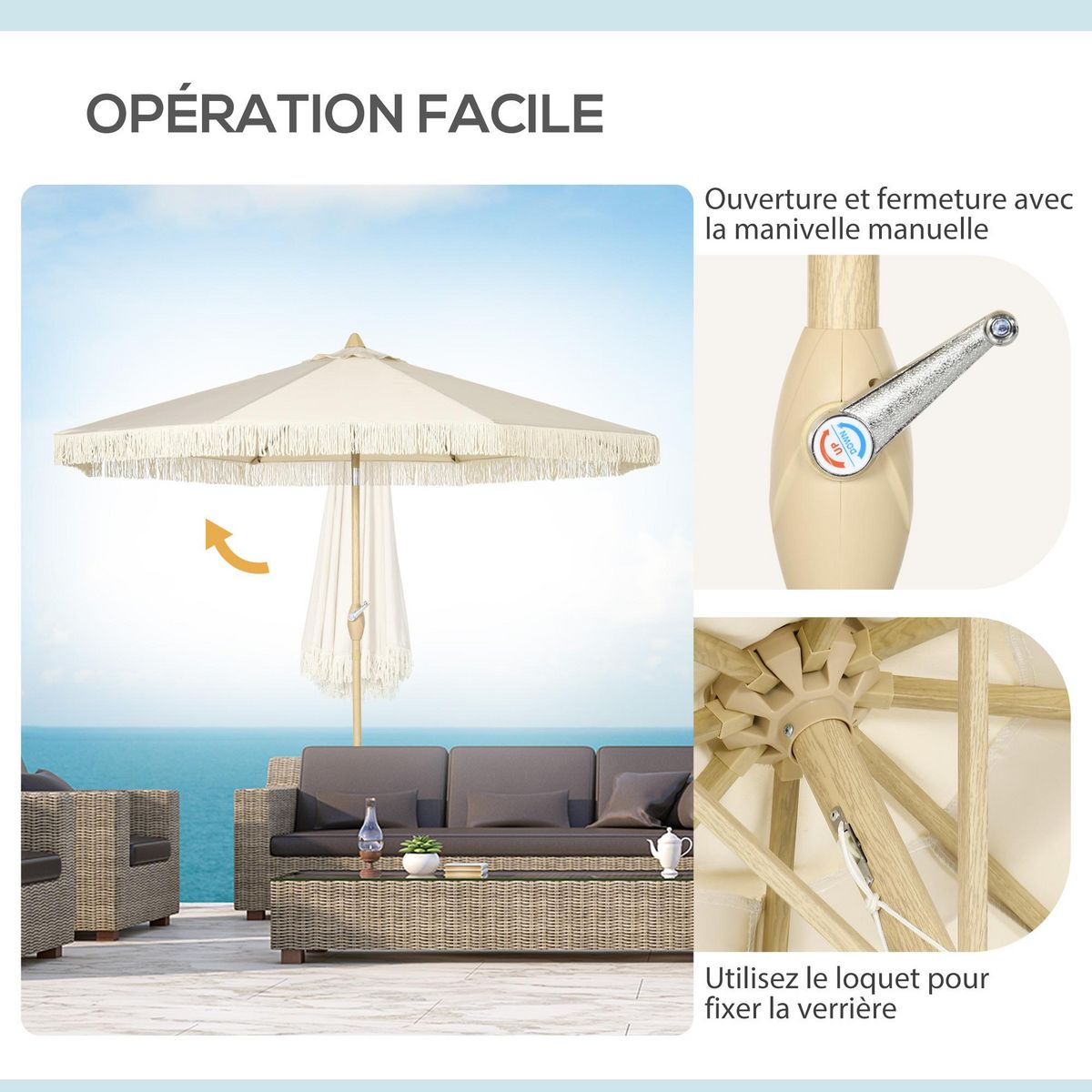 OUTSUNNY Parasol octogonal inclinable Ø 2,65 x 2,44H m mât baleine métal aspect bois polyester haute densité 180 g/m² beige