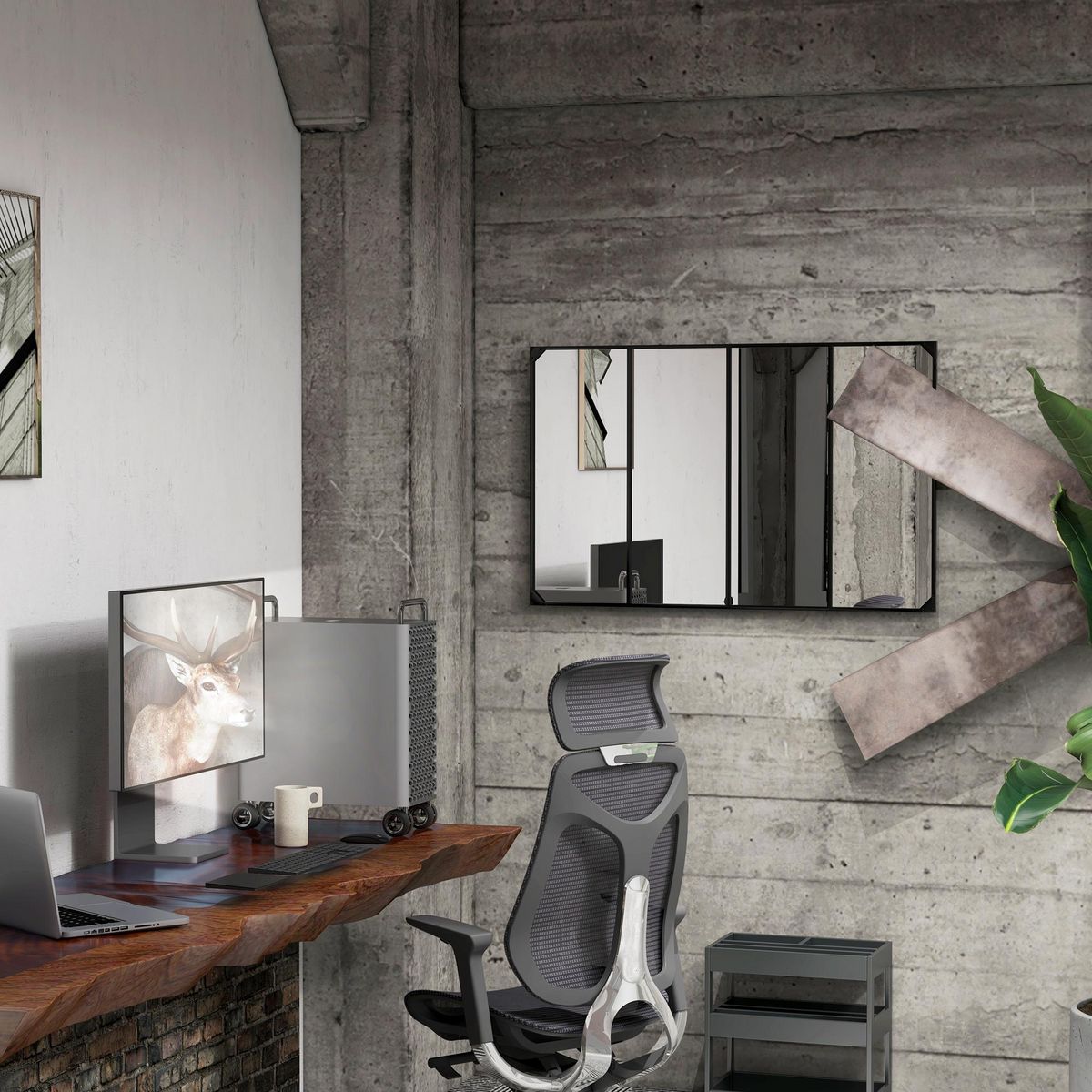 HOMCOM Miroir mural verrière rectangulaire style industriel - horizontal ou vertical - 4 crochets - métal noir