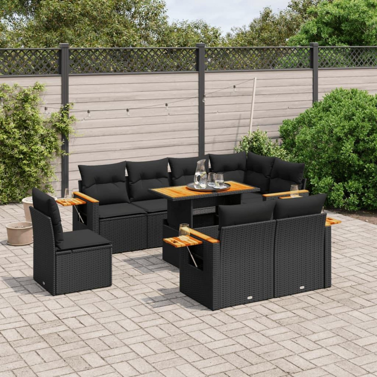 VIDAXL Salon de jardin 9 pcs avec coussins noir resine tressee