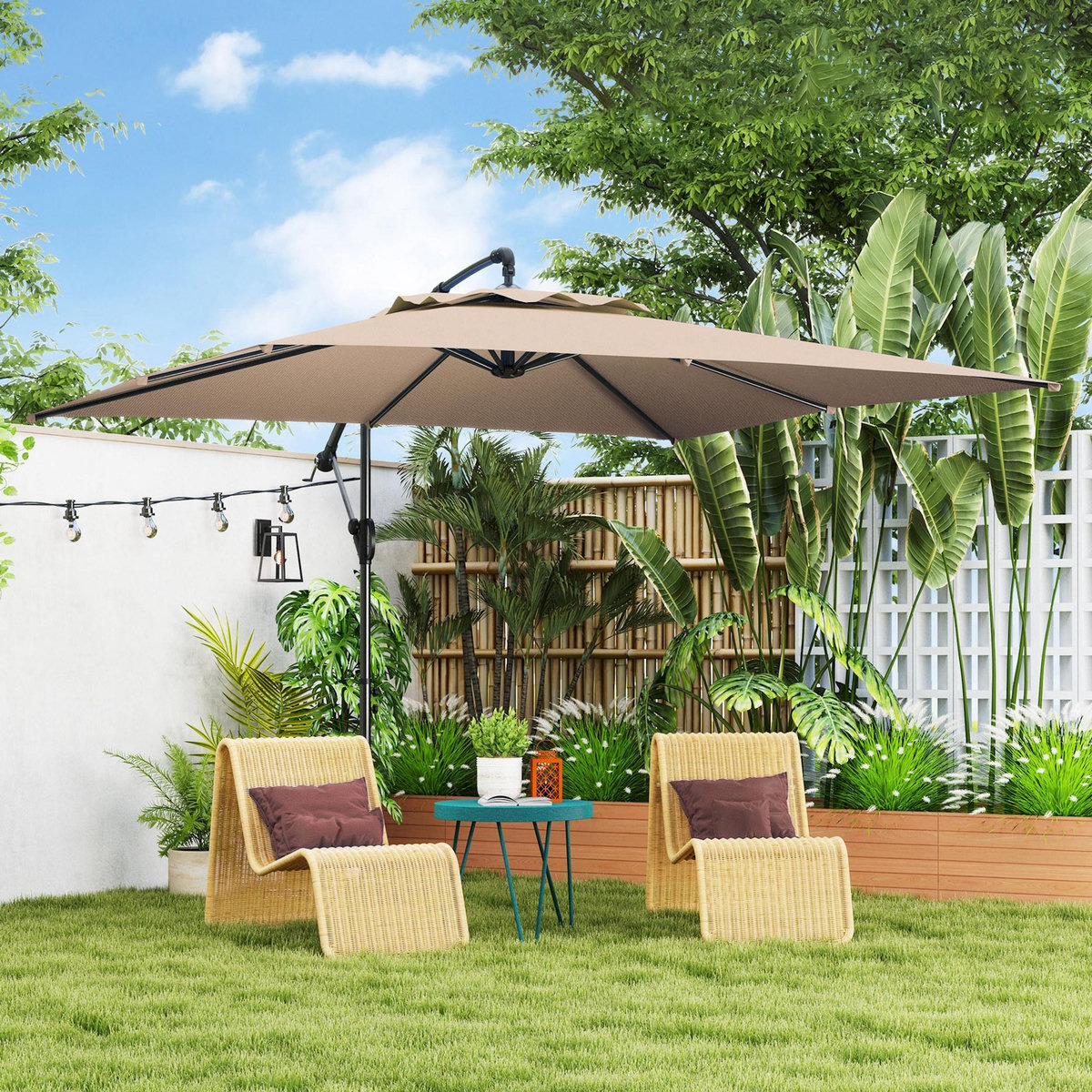 OUTSUNNY Parasol déporté carré 3 x 3 m réglable piètement croix manivelle tissu haute densité 180g/m² UPF50+ kaki