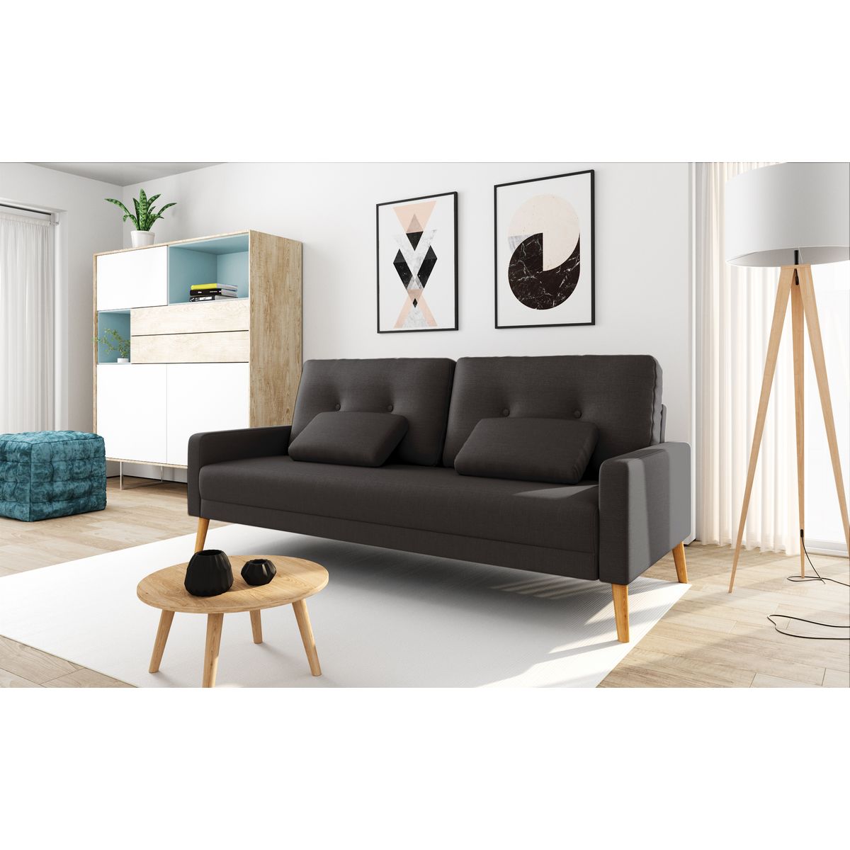 Canapé 3 places scandinave convertible NOVA, assise tissu pieds en bois