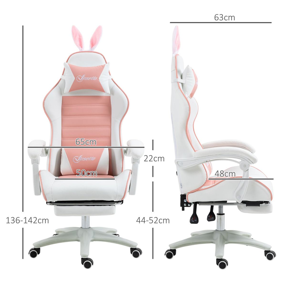 VINSETTO Chaise gaming fauteuil gamer inclinable réglable repose-pied rétractable oreilles de lapin amovibles rose blanc