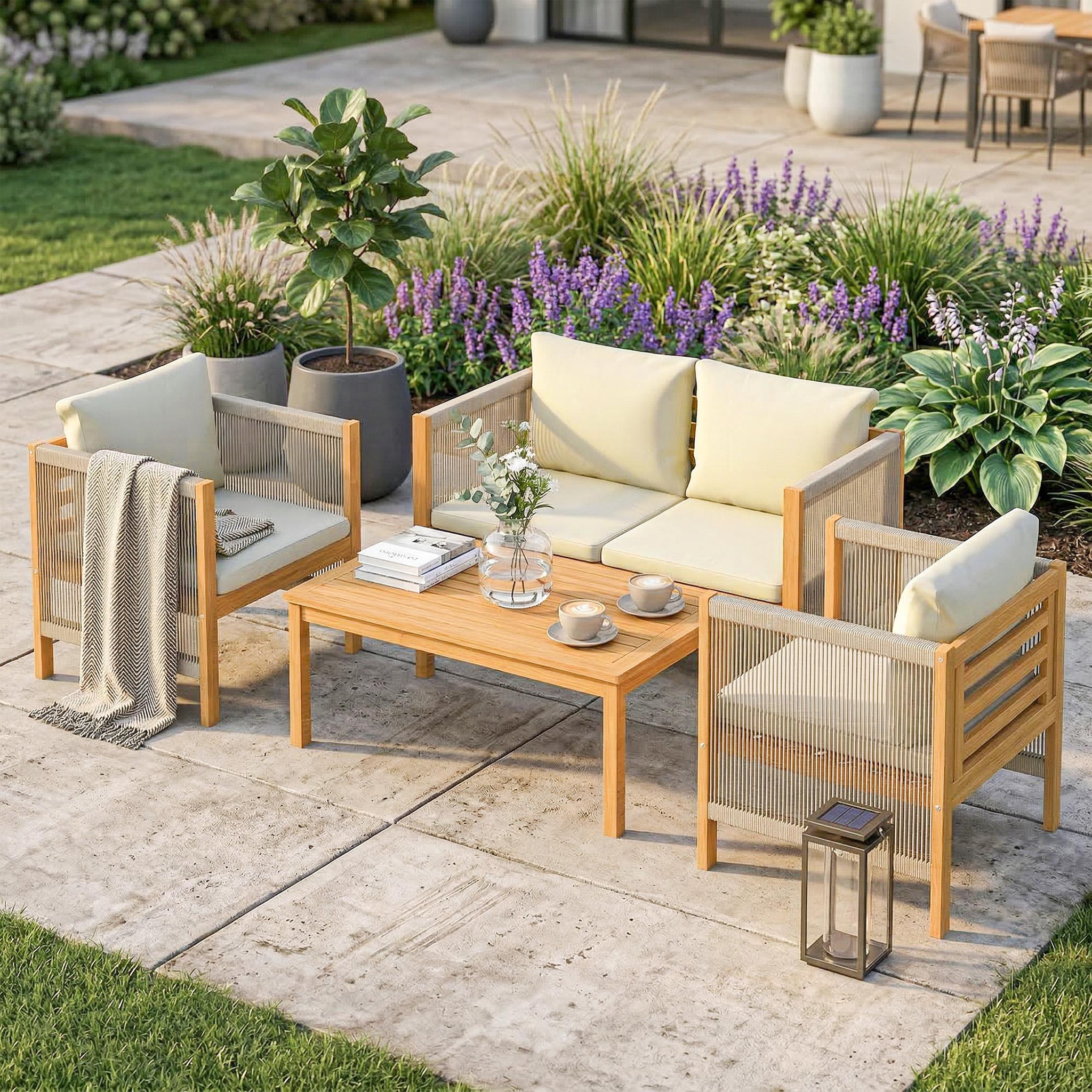 Voir la diapositive 2 : OUTSUNNY Salon de jardin bois d'acacia pré-huilé résine filaire 4 places 4 pièces