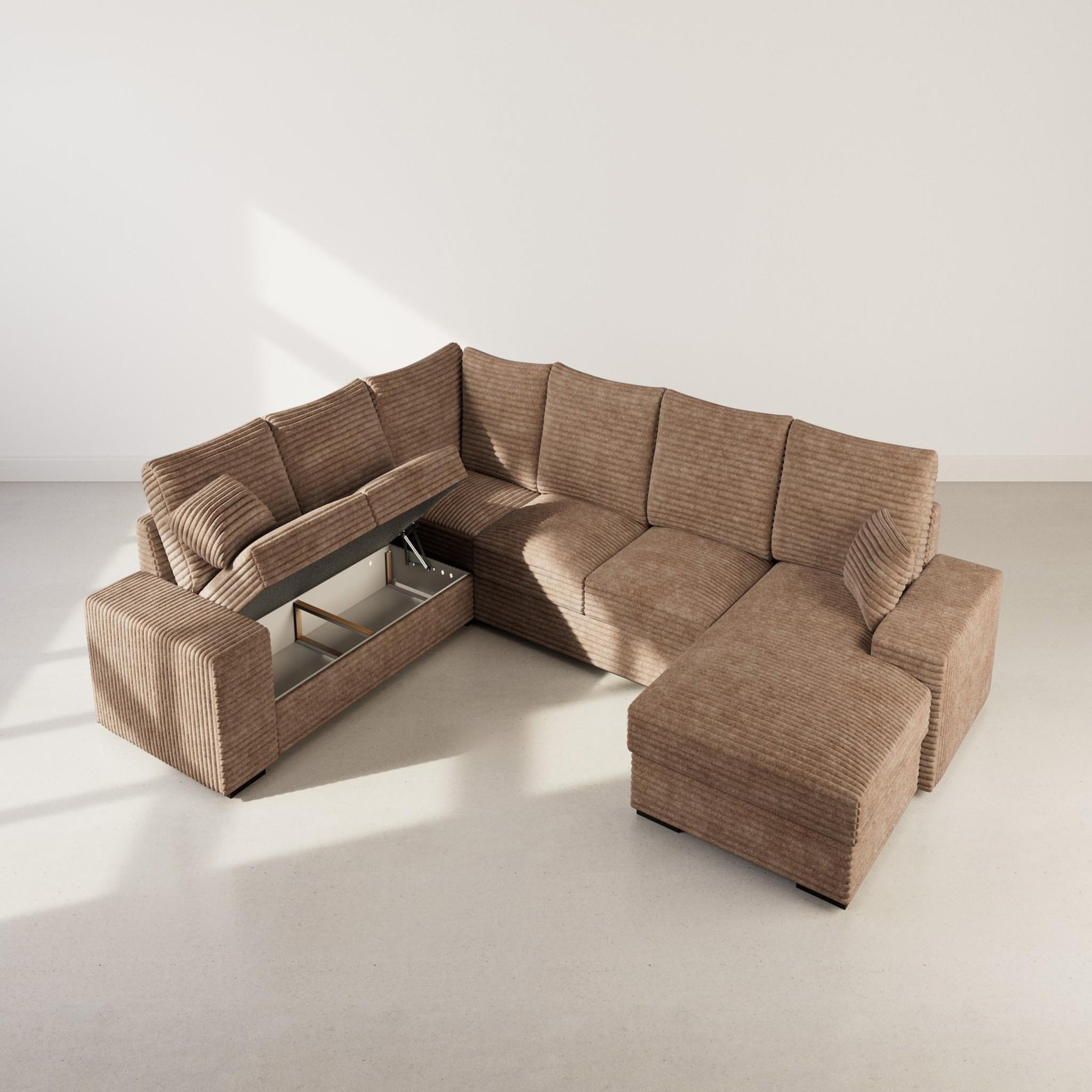 Voir la diapositive 2 : BEST MOBILIER Lorie - canapé panoramique d'angle gauche 7 places convertible en velours côtelé grosse côte avec coffre