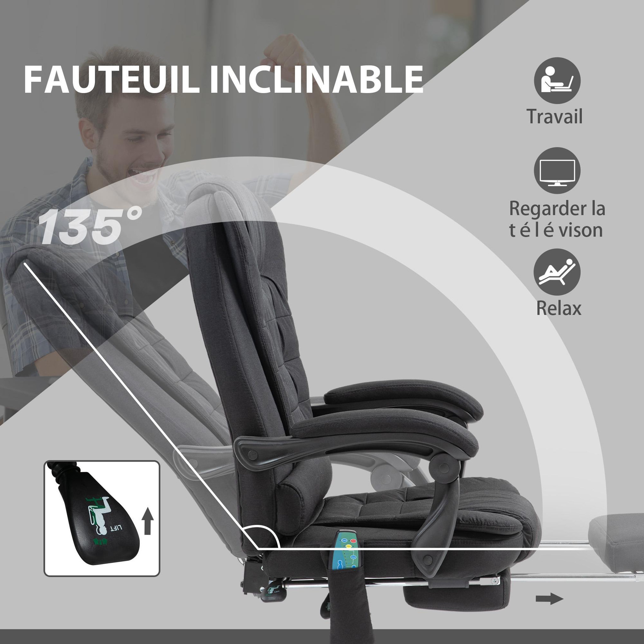 Voir la diapositive 6 : VINSETTO Fauteuil de bureau direction massant chauffant hauteur réglable dossier inclinable tissu noir