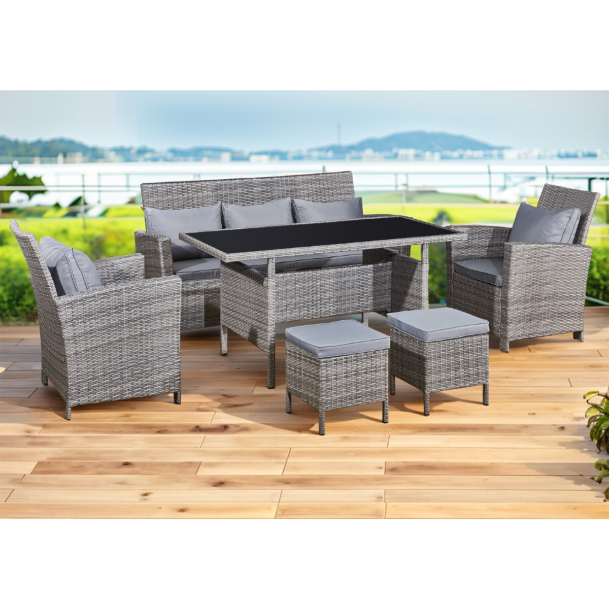 CONCEPT USINE Salon de jardin 7 places en résine tressée gris clair MODENA