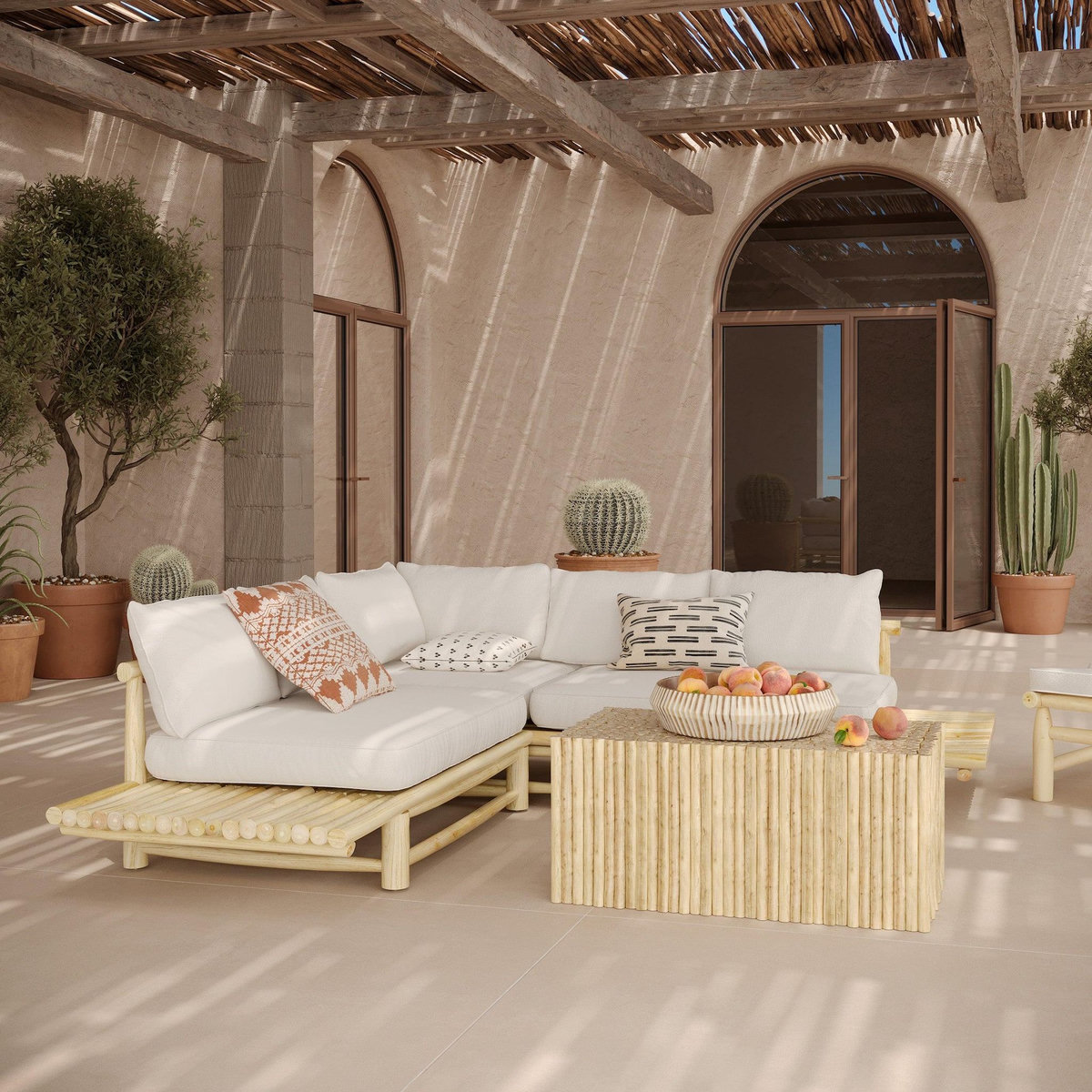 Rendez vous déco Salon de jardin blanc 4 personnes en bois de teck, canapé, table basse-Sunny