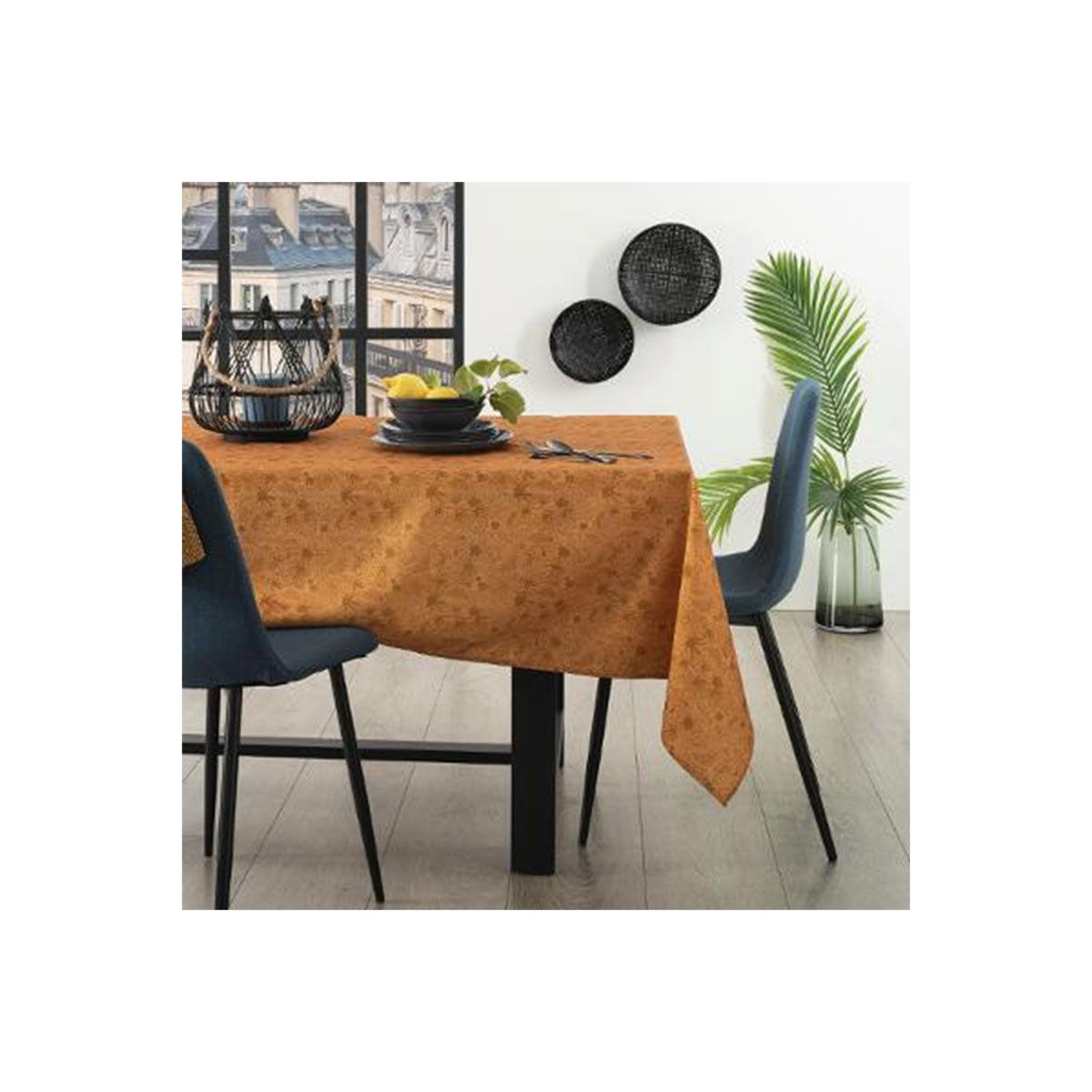 Voir la diapositive 3 : ATMOSPHERA Nappe antitache à motifs  tropikal  140x240cm ocre