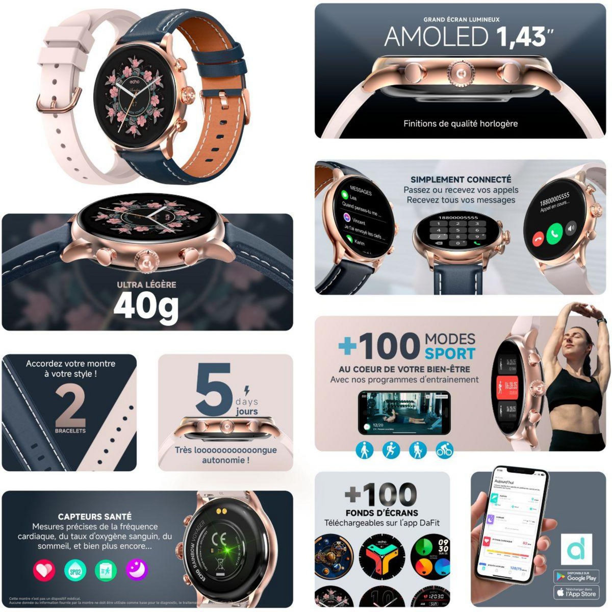 Echo Montre connectée Rainbow Voyager OrRose Silico+Bleu Cuir