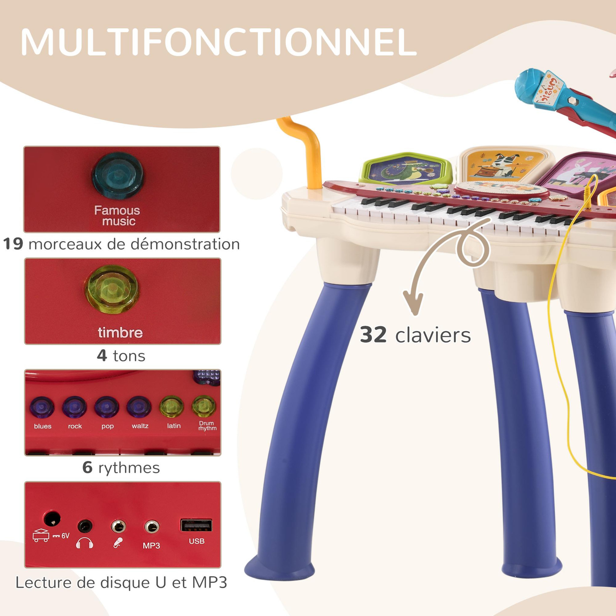 Voir la diapositive 4 : HOMCOM Jouet musical piano électronique batterie 2 en 1 - tabouret, micro et support - clavier 32 touches, effet lumineux, nombreux modes - PP multicolore