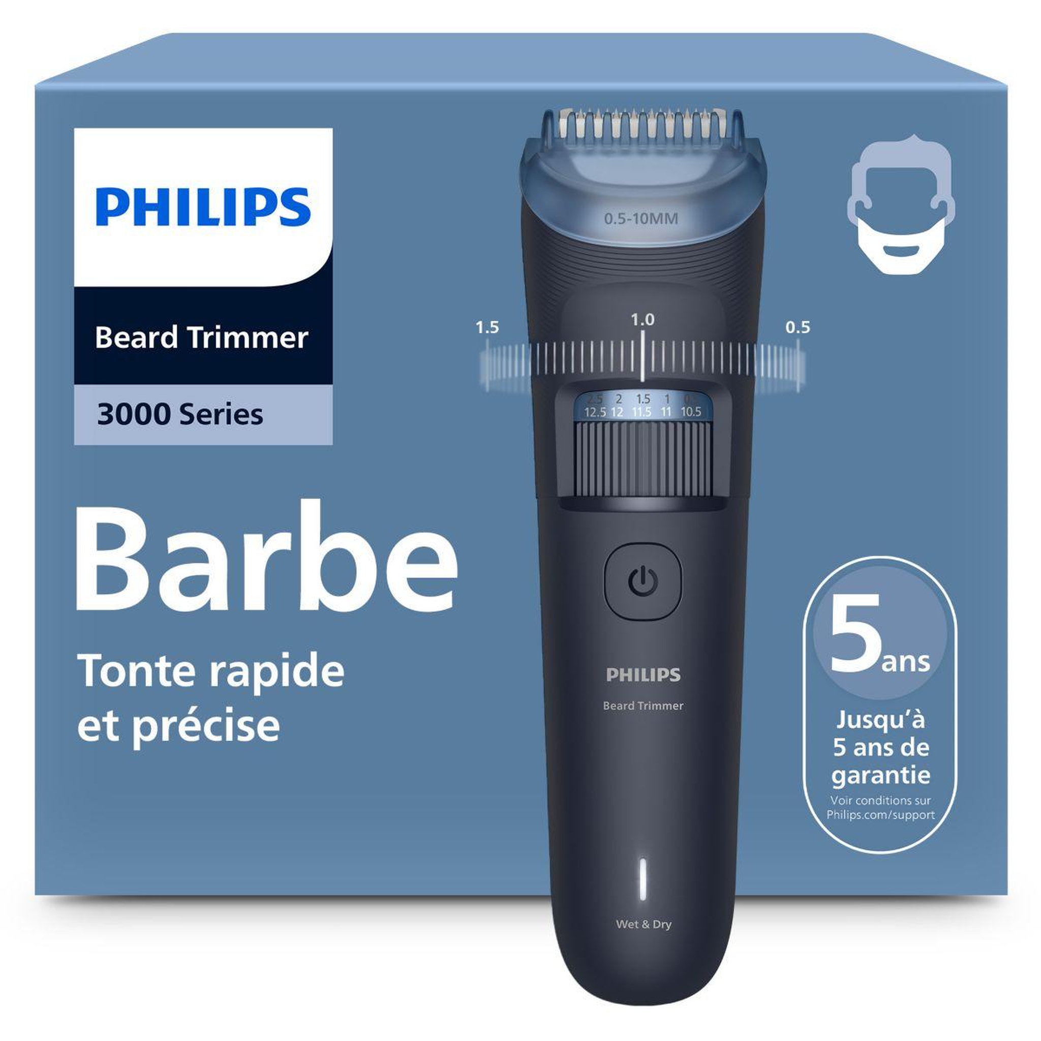 Philips Tondeuse barbe bt3665/15 series 3000, 40 hauteurs de coupe, précision 0,5 mm, autonomie 80 mn