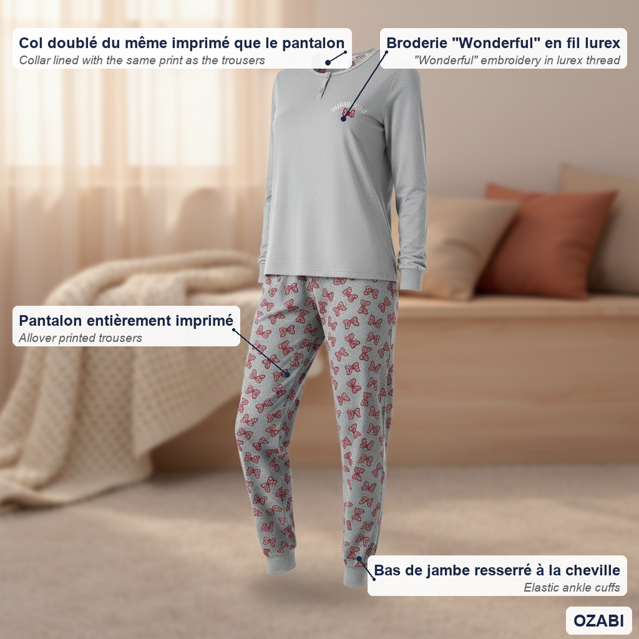 Voir la diapositive 5 : OZABI Ozabi ensemble pyjama femme coton doublé polaire broderie lurex
