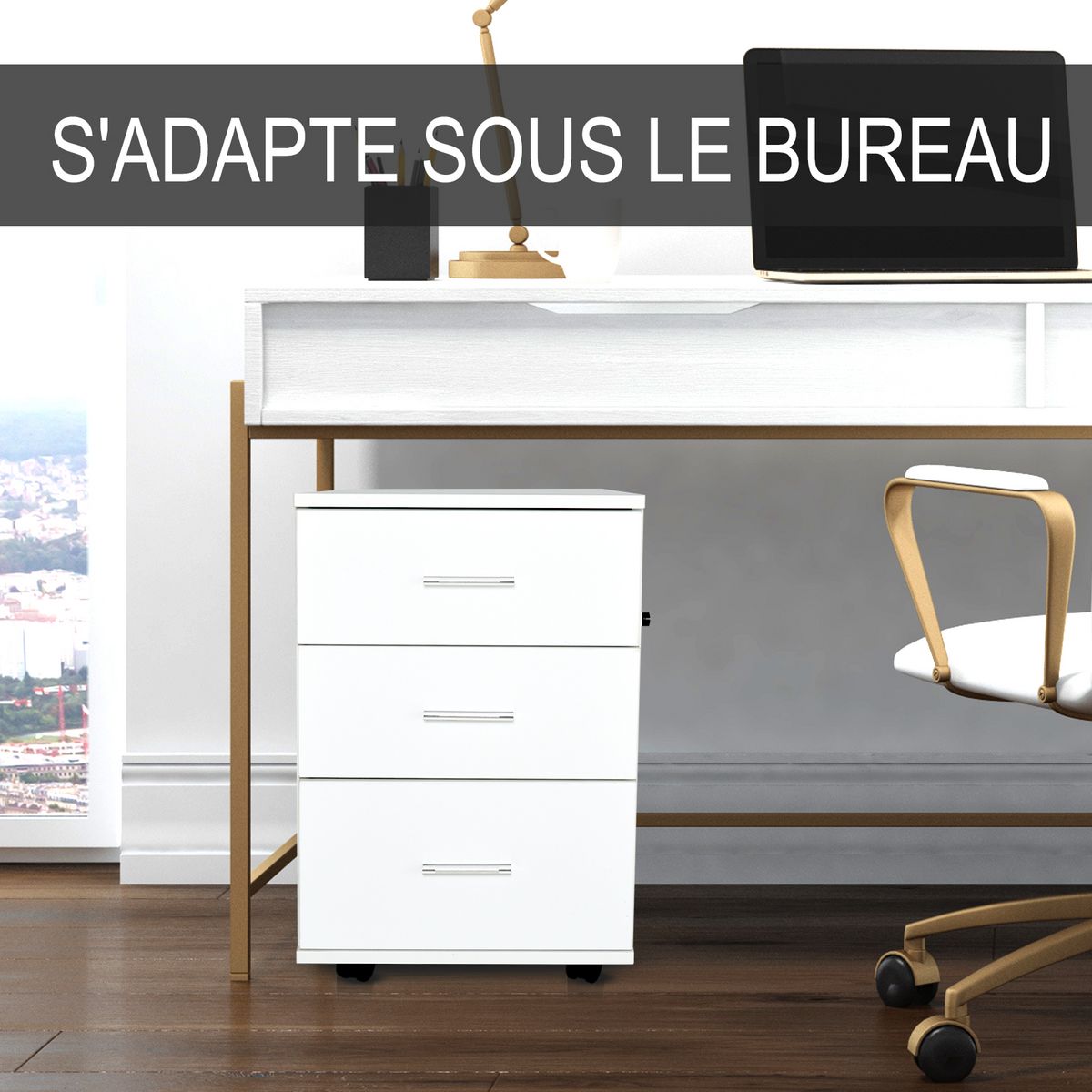 HOMCOM HOMCOM Caisson de Bureau Rangement Bureau sur Roulettes 3 Tiroirs Verrouillables 40 x 41,5 x 61,5 cm Blanc