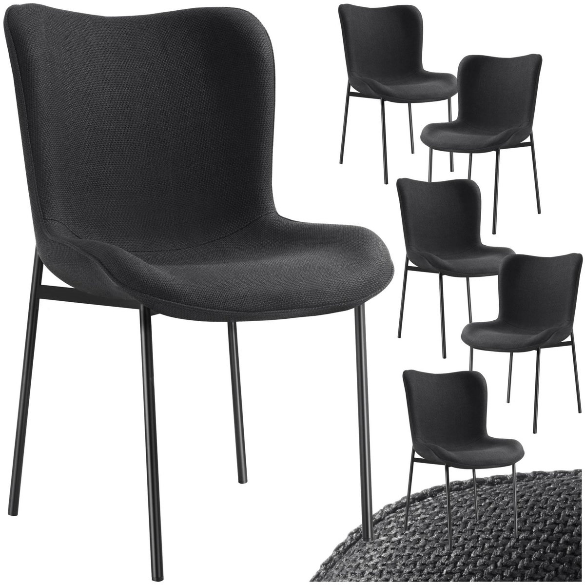 tectake Chaise rembourrée forme ergonomique avec dossier haut Tissu noir/noir Lot de 6