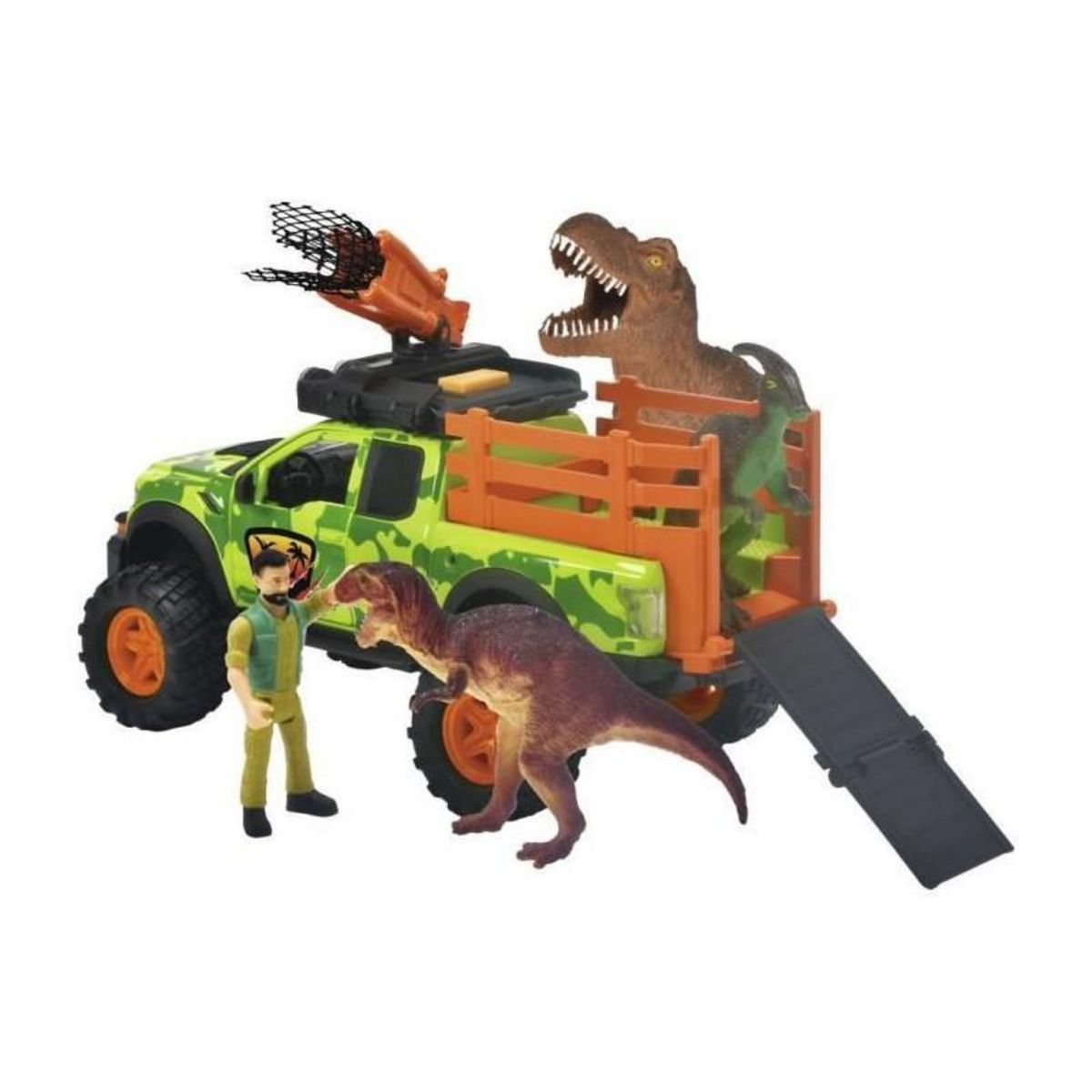 SIMBA.DICKIE.GROUP Dickie - Chasseur de dinosaures - Véhicule + Treuil + figurine articulée et 3 dinosaures - Sons et lumieres
