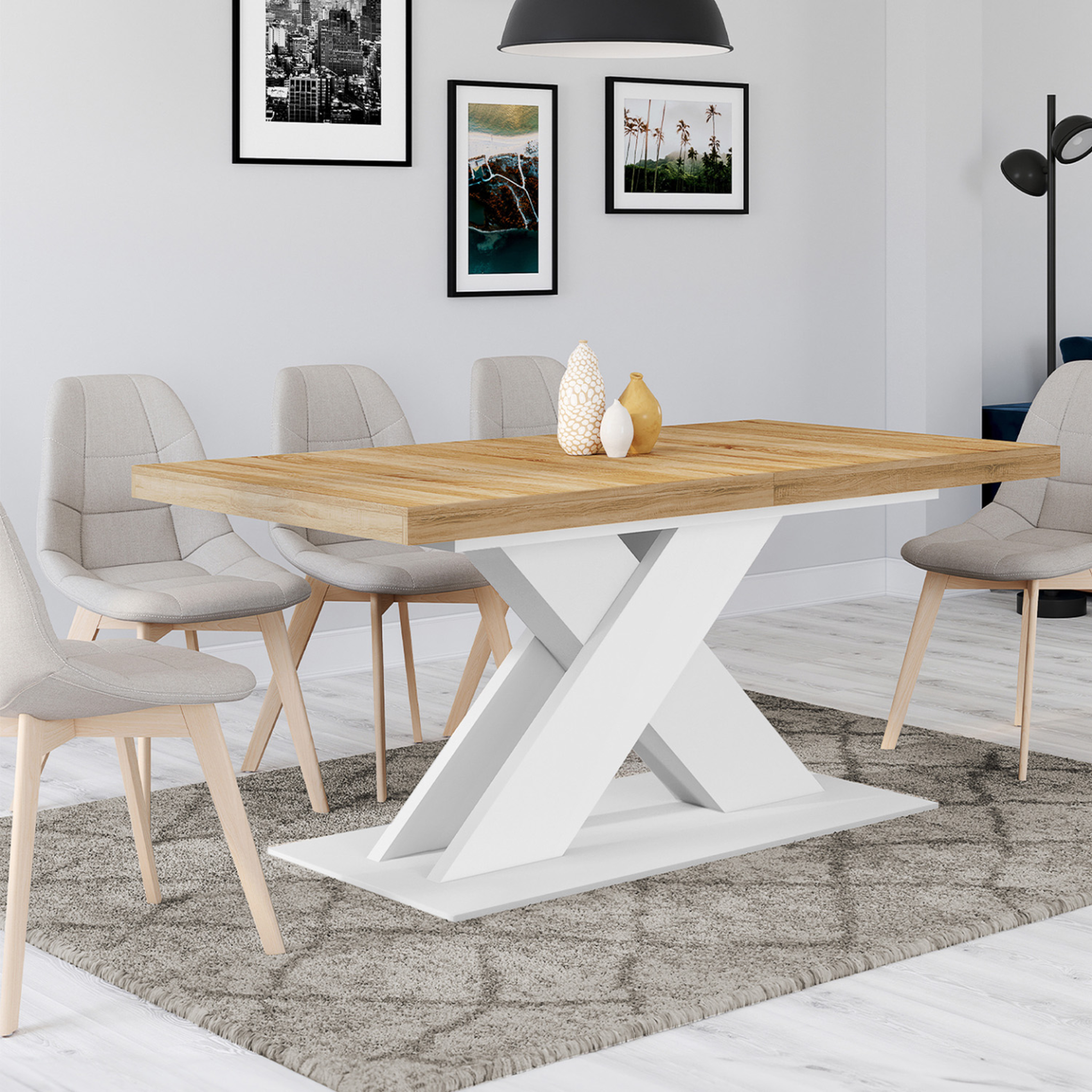Voir la diapositive 4 : ID MARKET Table à manger extensible rectangle alicia 6-10 personnes bois et blanc 160-200 cm